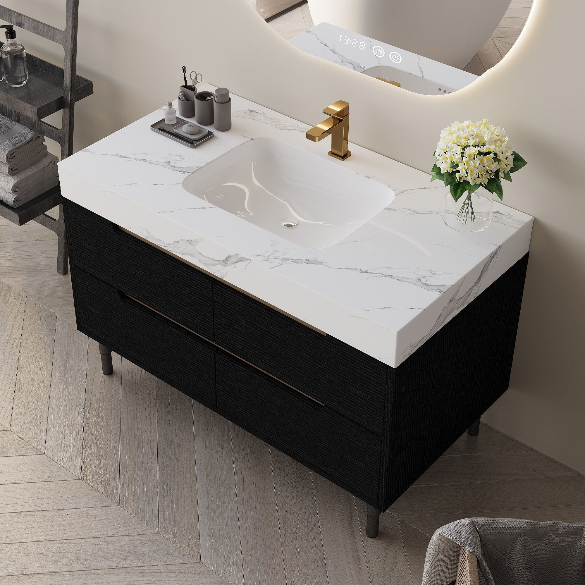 Bathroom Vanity With Undermount Sink, 4 Drawers Storage, Free Standing / Wall Mounted - Black / White