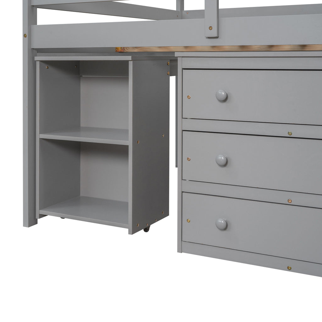 Loft Low Study Bed With Cabinet, Shelves And Rolling Portable Desk, Multiple Functions
