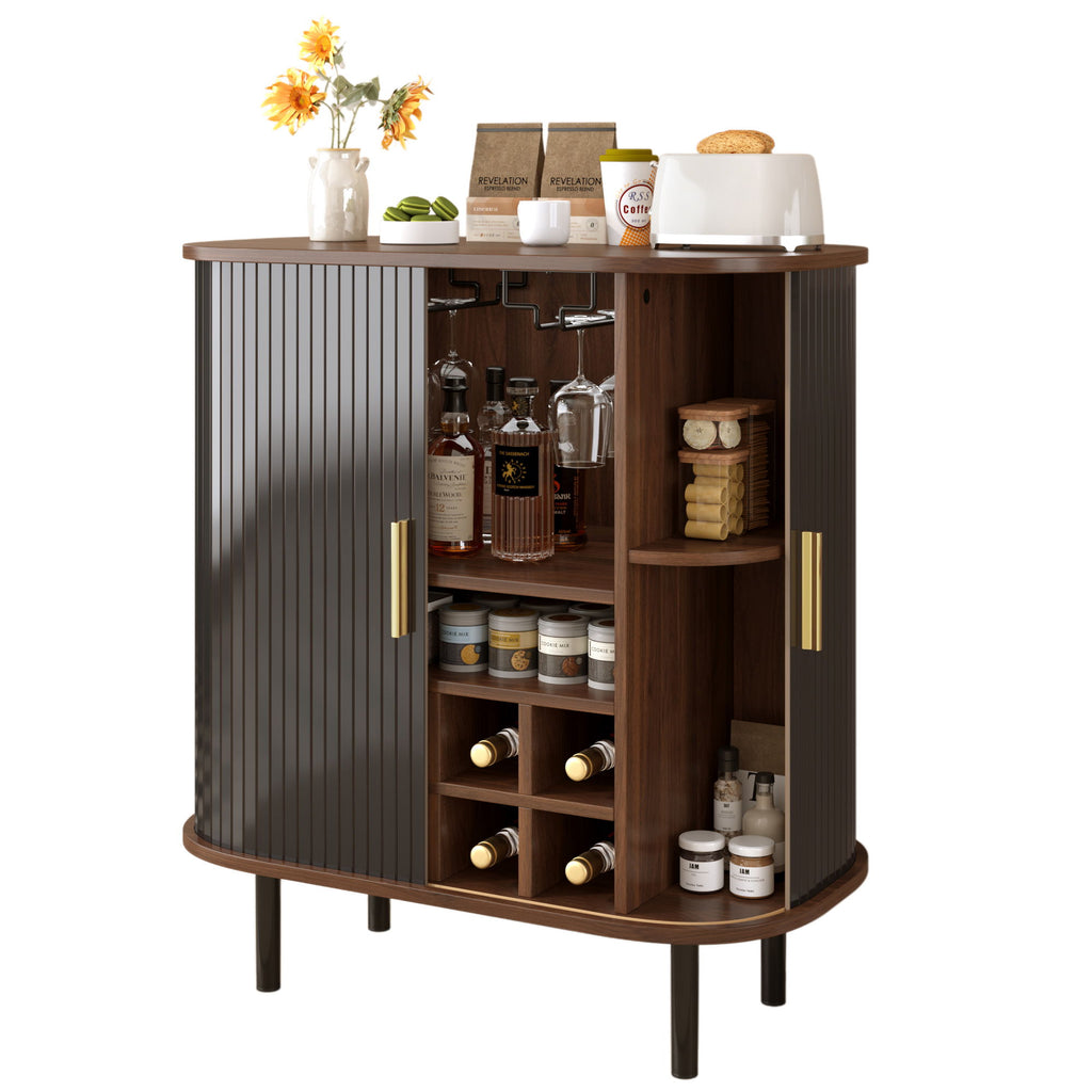 Fluted Wine Bar Cabinet With 8 Grid Wine Rack, 5 Level Adjustable Shelves, 2 Glass Holders