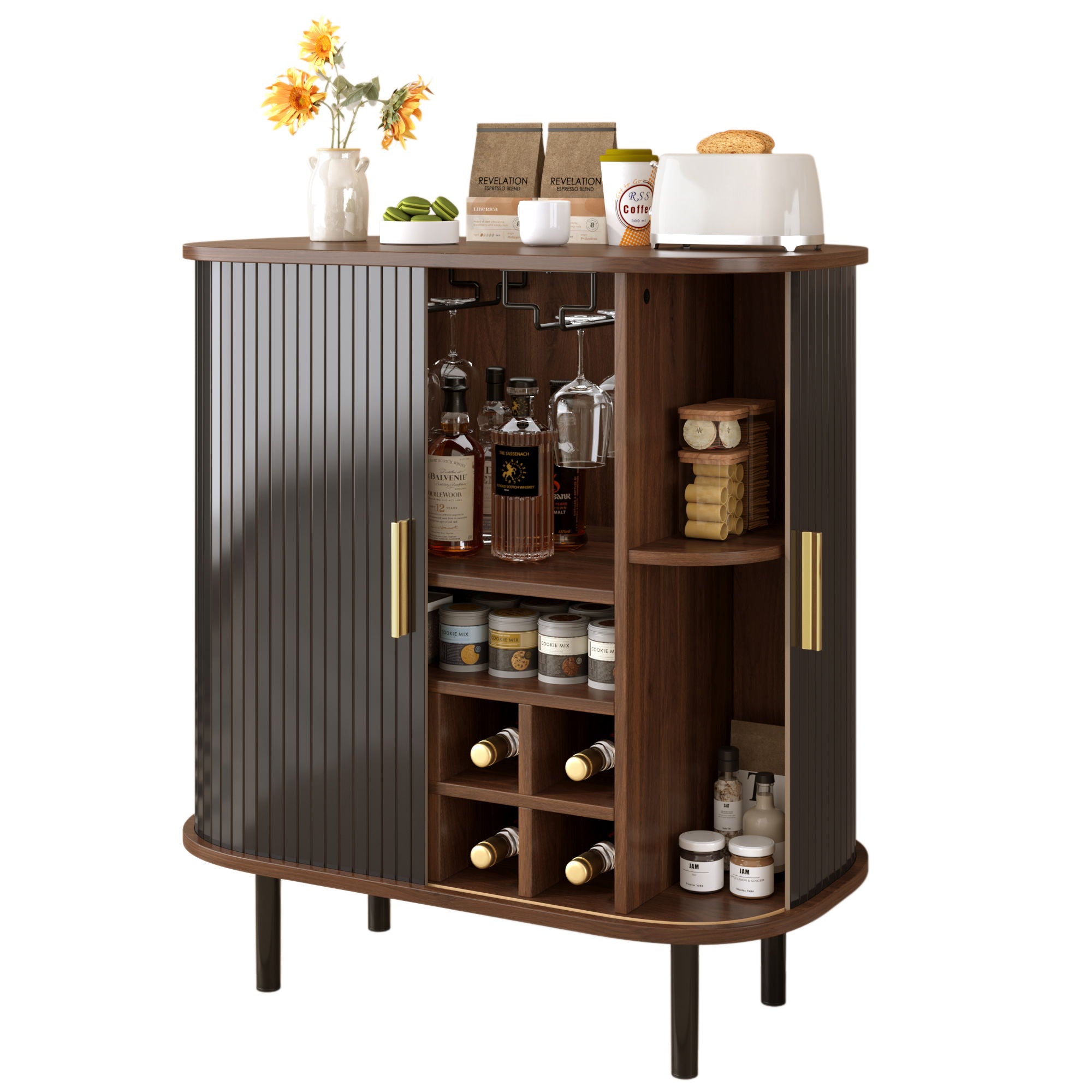 Fluted Wine Bar Cabinet With 8 Grid Wine Rack, 5 Level Adjustable Shelves, 2 Glass Holders