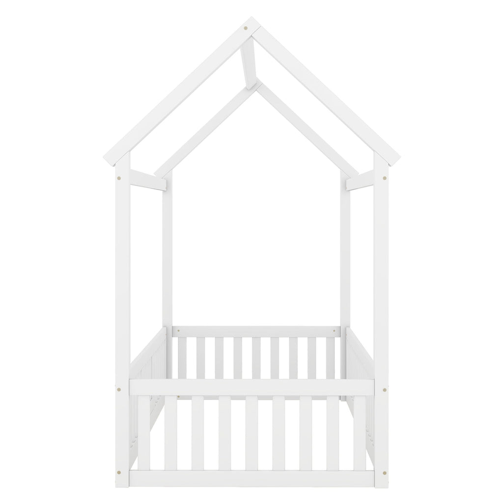 Wood House Bed With Fence And Door