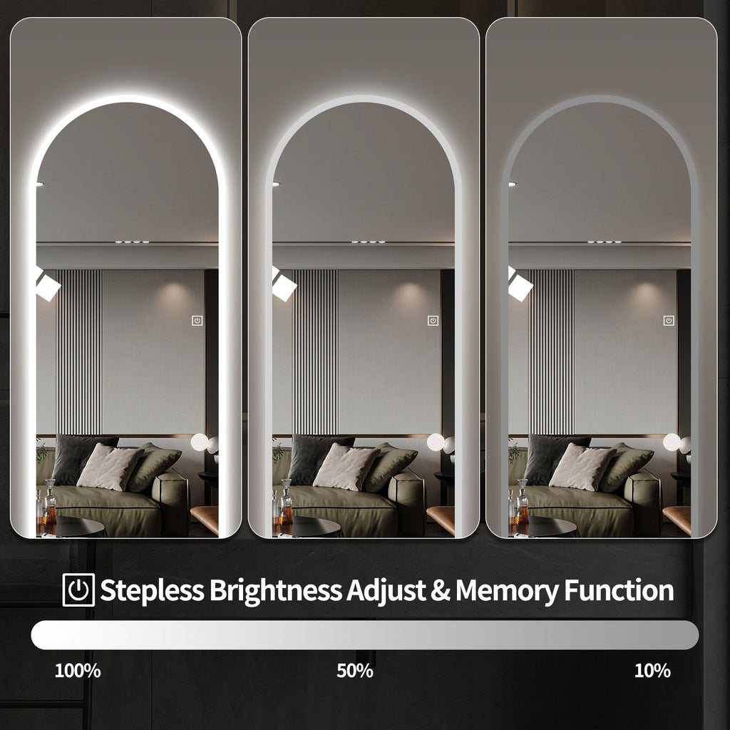 LED Full Length Wall Mirror With Symmetrical Arch Design, Dimmable 3 Color Temperature Lighting - Silver