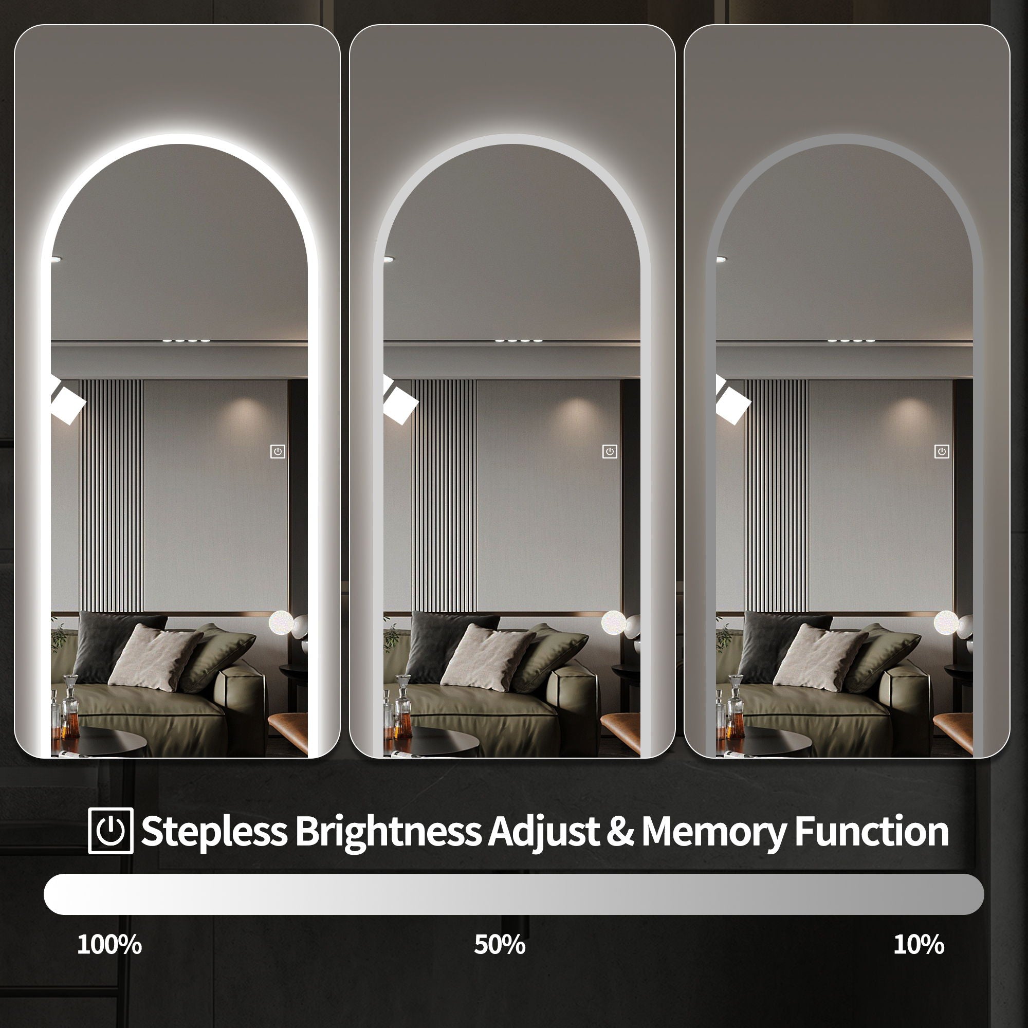 LED Full Length Wall Mirror With Symmetrical Arch Design, Dimmable 3 Color Temperature Lighting - Silver