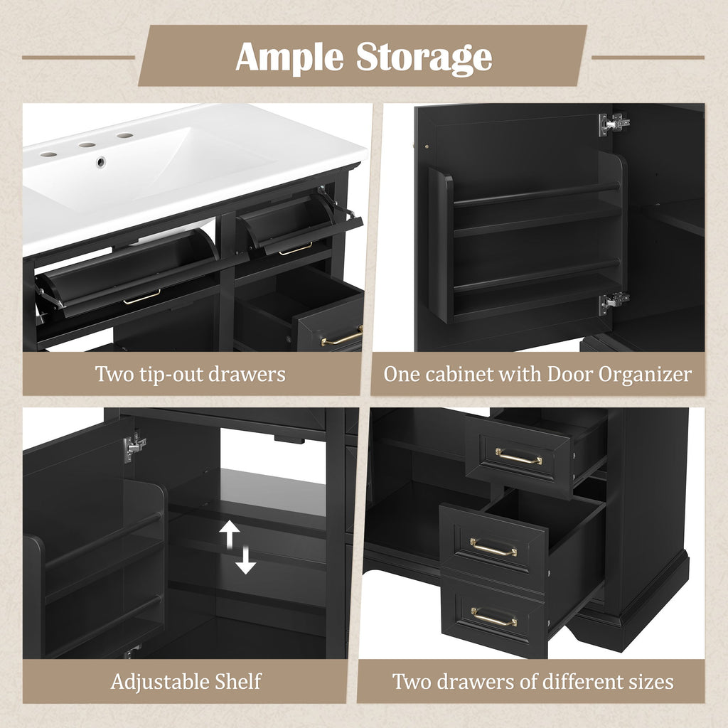 36" Bathroom Vanity With Sink, 2 Tip Out Drawers, Soft Close Hinges