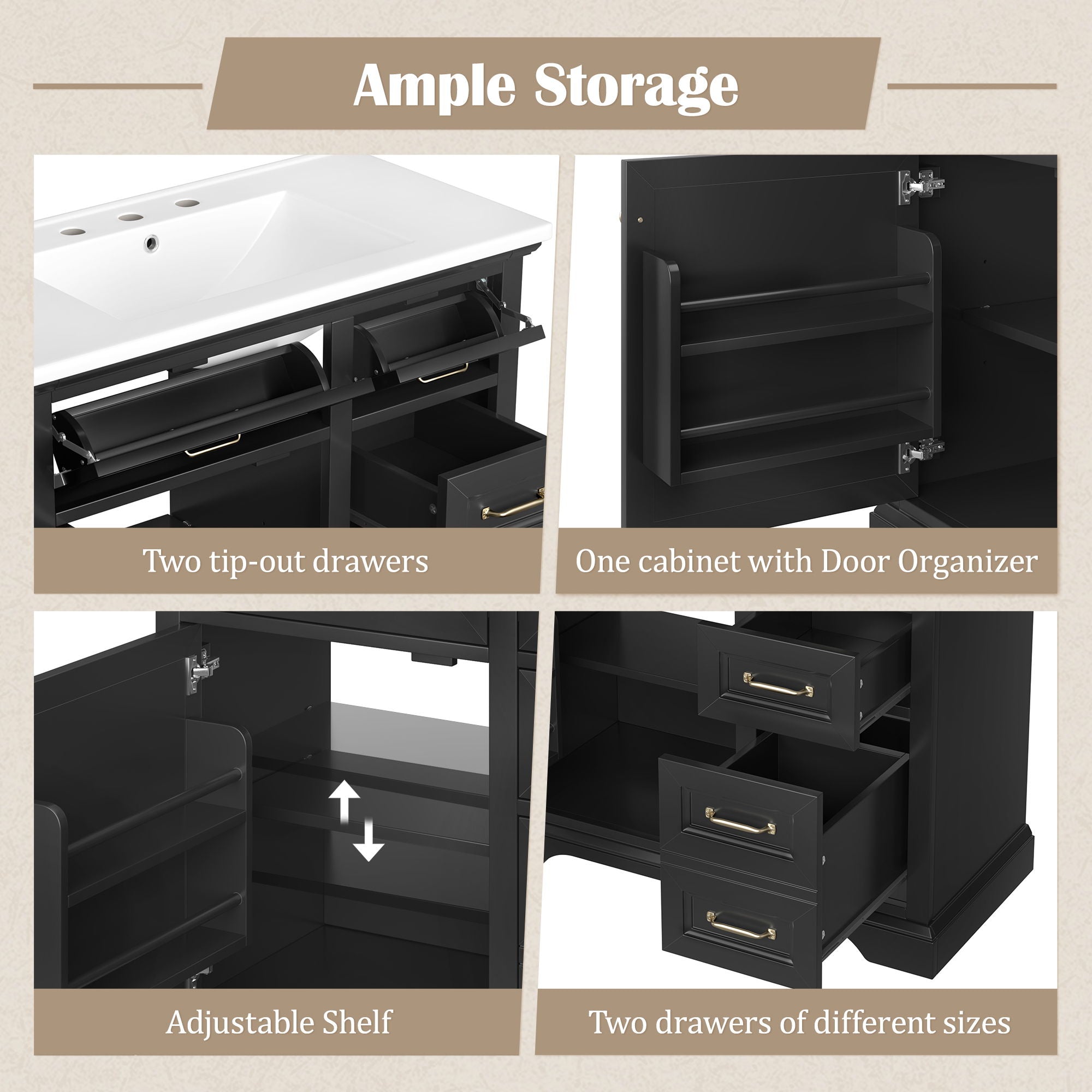 36" Bathroom Vanity With Sink, 2 Tip Out Drawers, Soft Close Hinges