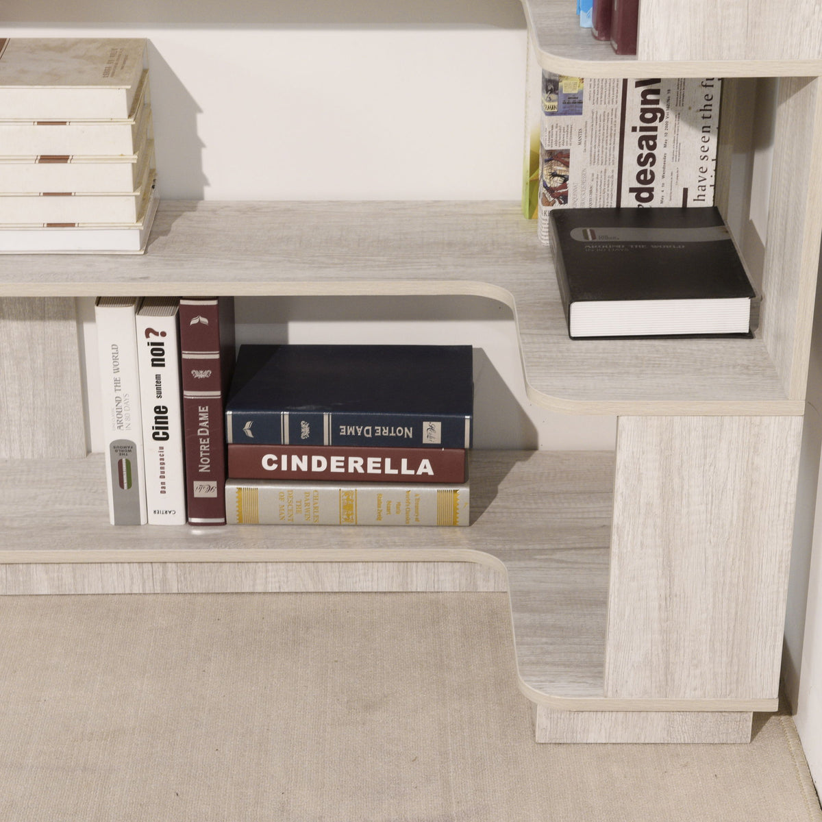 Extended Corner Bookshelf For Living Room - Light Gray