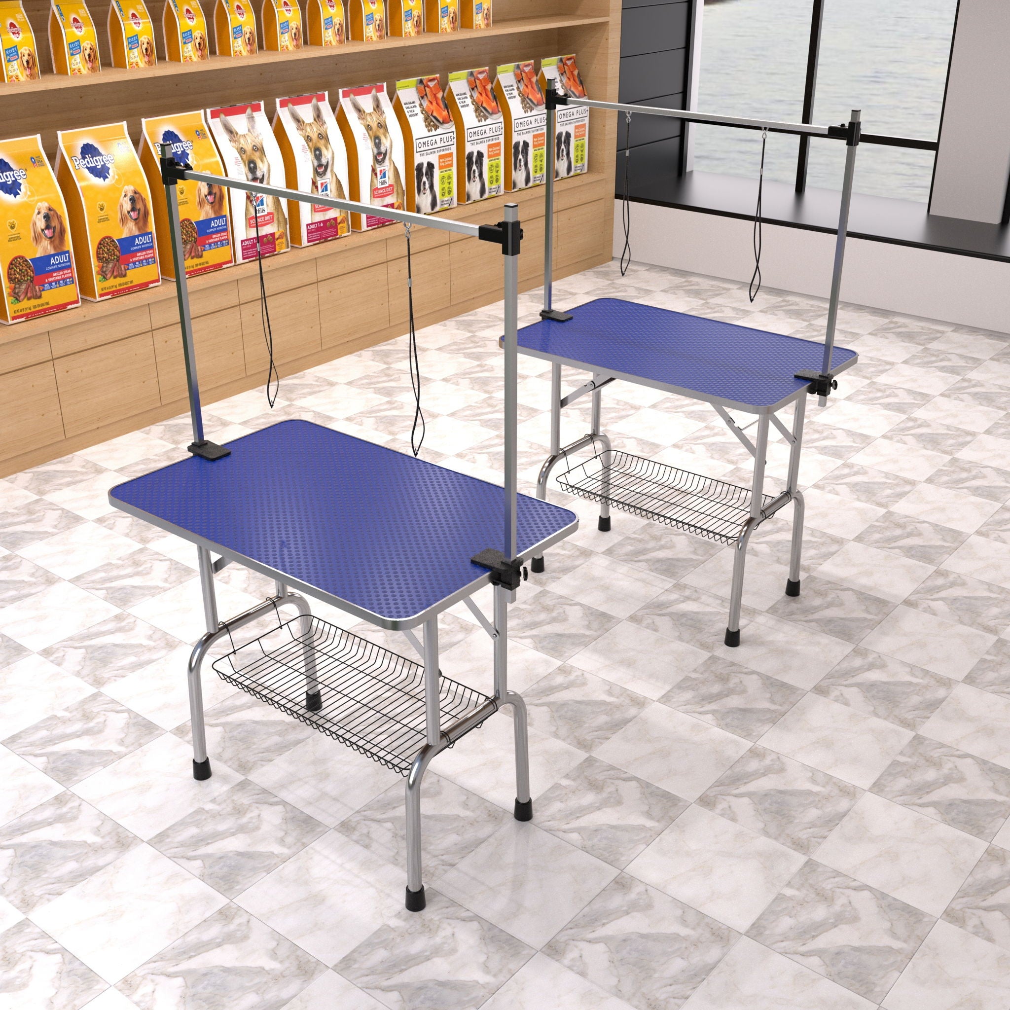 Folding Dog Pet Grooming Table Stainless Steel Frame Rubber Mat On Board With Adjustable Arm And Clamps Pet Dog Cat Grooming Table