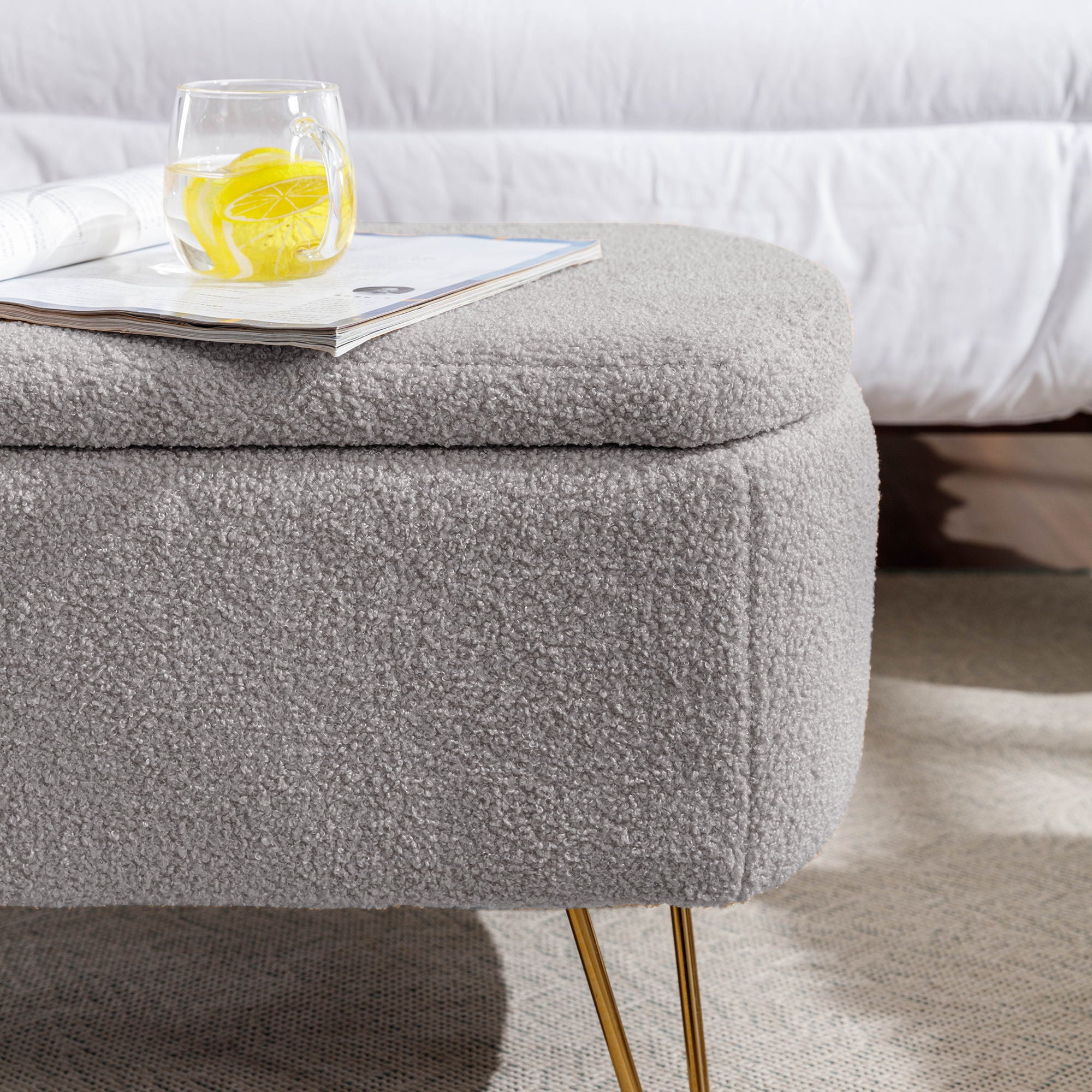 Storage Ottoman Bench For End Of Bed Legs, Modern Camel Faux Fur Entryway Bench Upholstered Padded With Storage For Living Room Bedroom