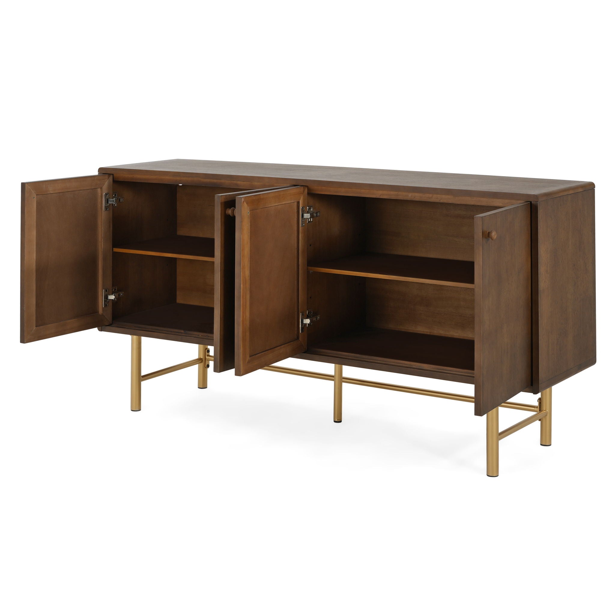 Modern Scandinavian 4 Door Sideboard, Storage Cabinet With Adjustable Shelves - Gold / Walnut