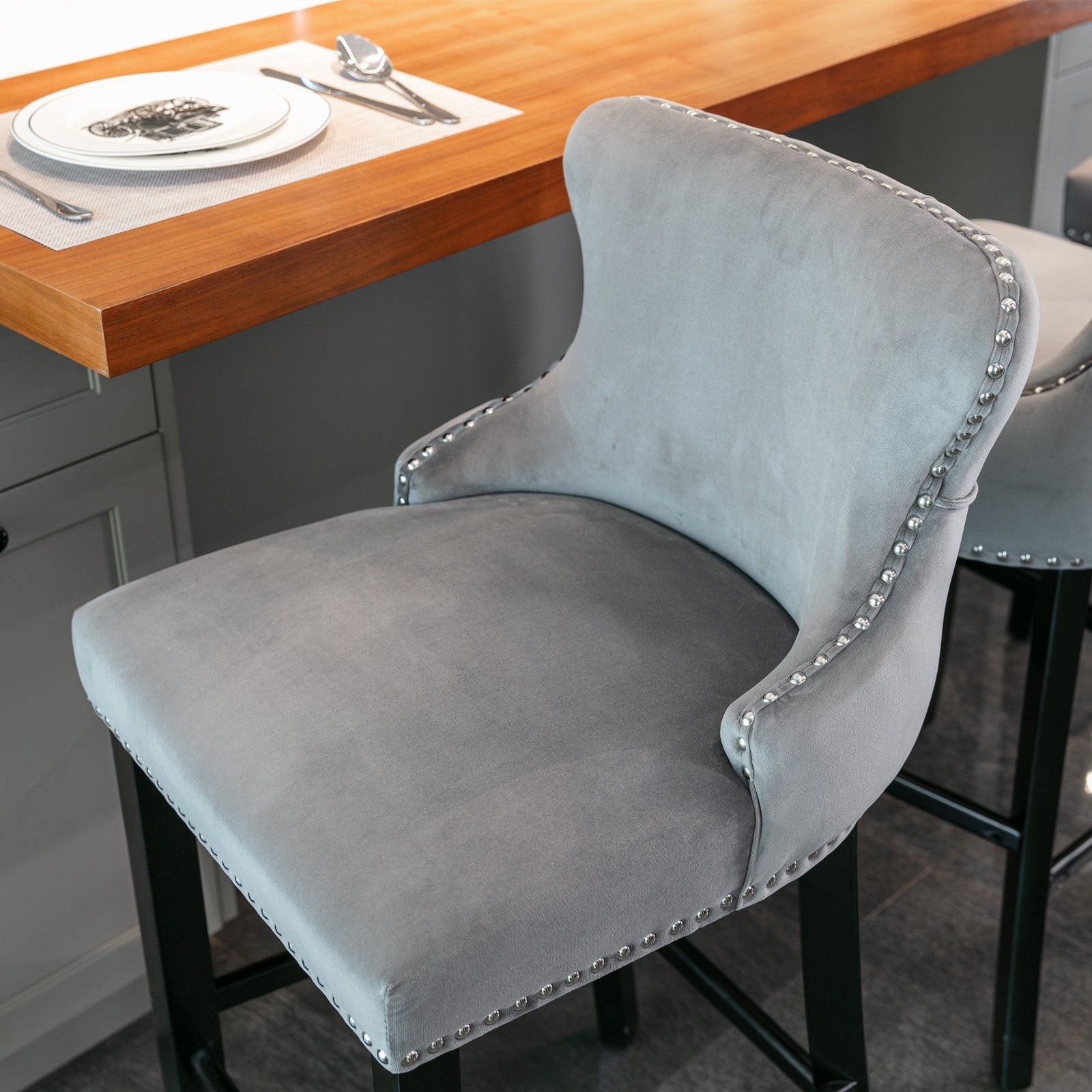 Contemporary Upholstered Wing-Back Barstools With Button Tufted Decoration And Wooden Legs, And Nailhead Trim, Leisure Style Bar Chairs, Bar Stools (Set of 2)