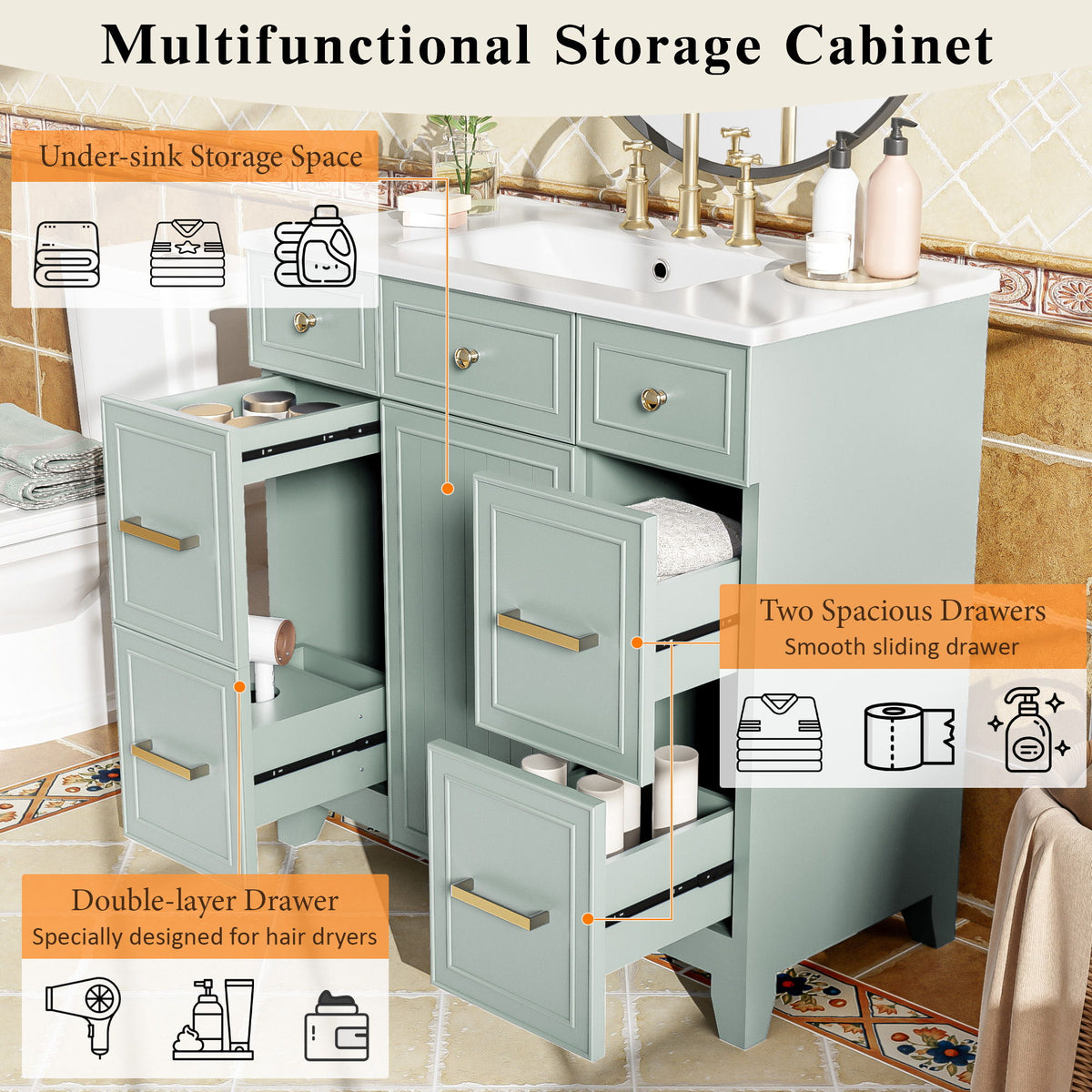 Bathroom Vanity With Ceramic Sink, Soft Close Doors, Adjustable Shelves