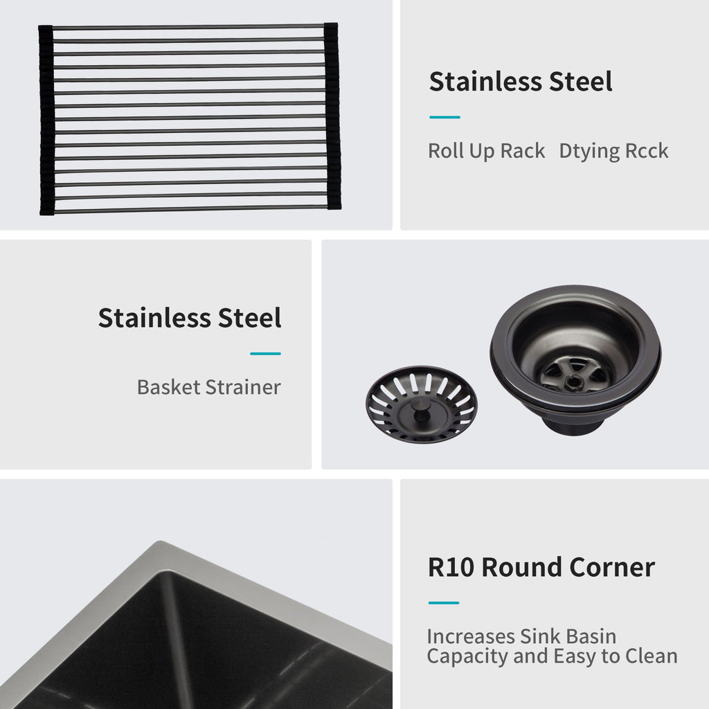 Double Bowl Undermount Kitchen Sink 16 Gauge 33" X 19" With Dual 10" Deep Basins - Gunmetal Black