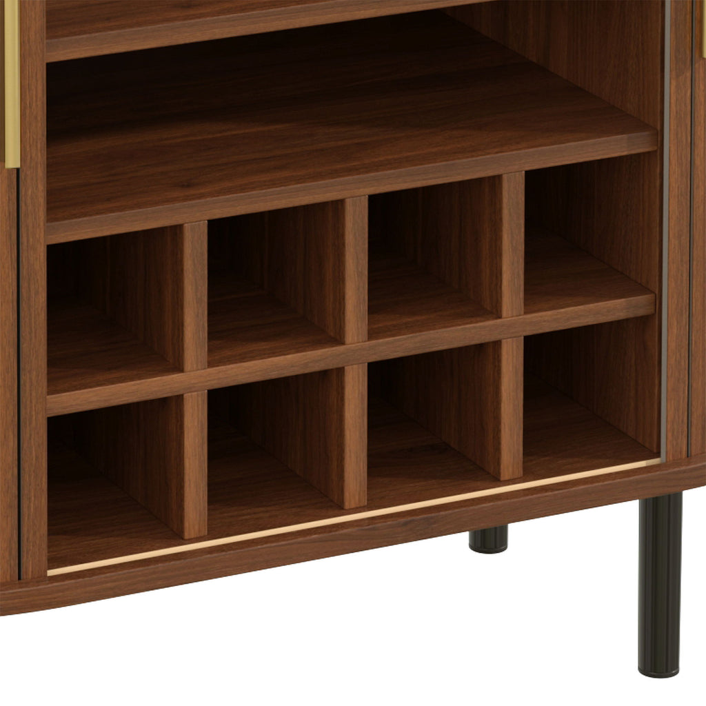 Fluted Wine Bar Cabinet With 8 Grid Wine Rack, 5 Level Adjustable Shelves, 2 Glass Holders