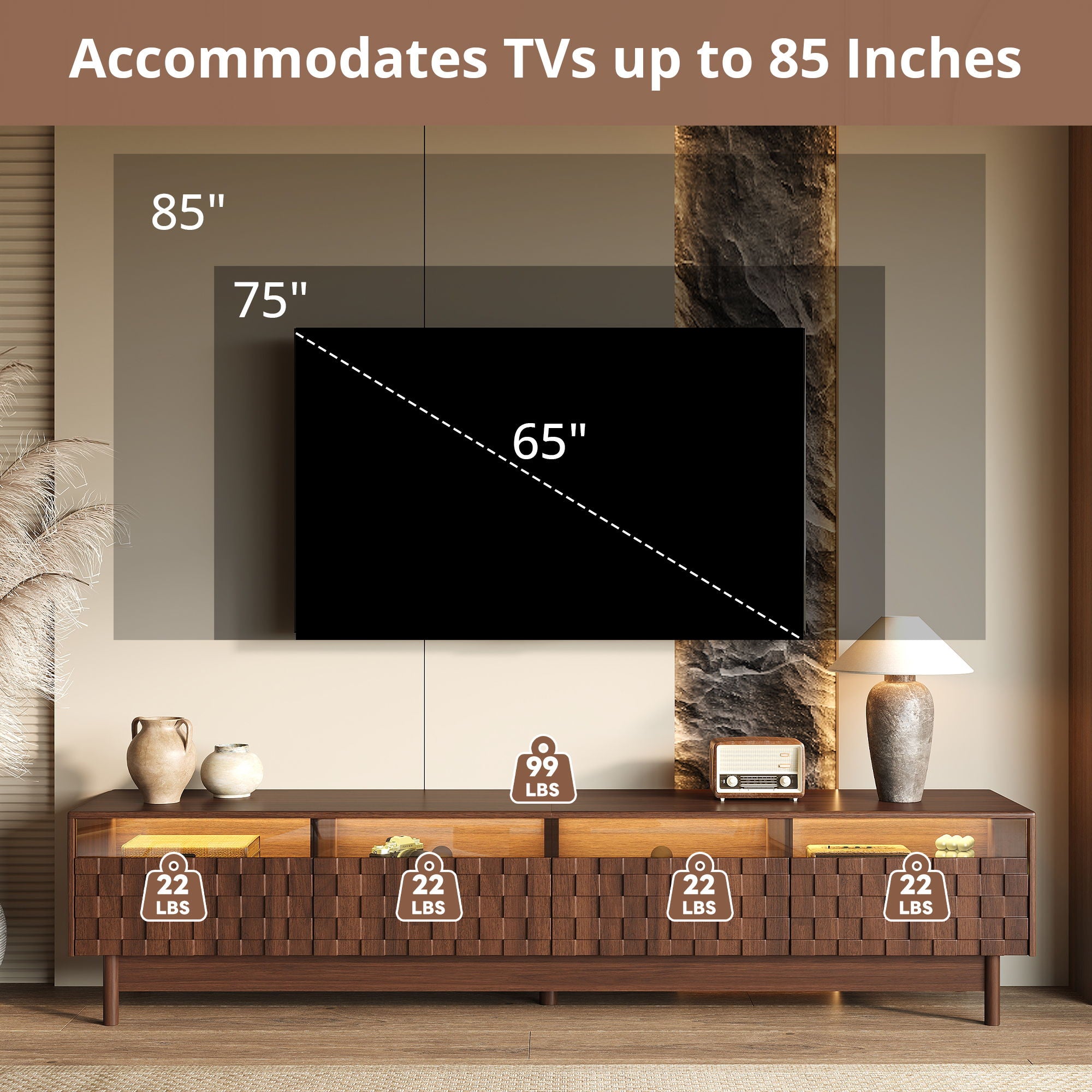 TV Stand With LED Lights And Glass Drawers For Living Room - Walnut