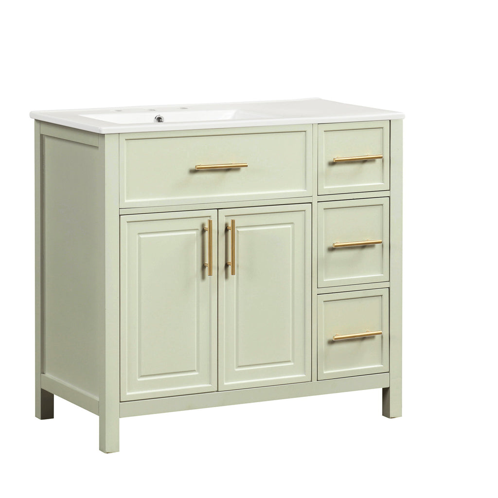 36" Bathroom Vanity With Sink, 2 Doors, 3 Drawers, Rectangular - White