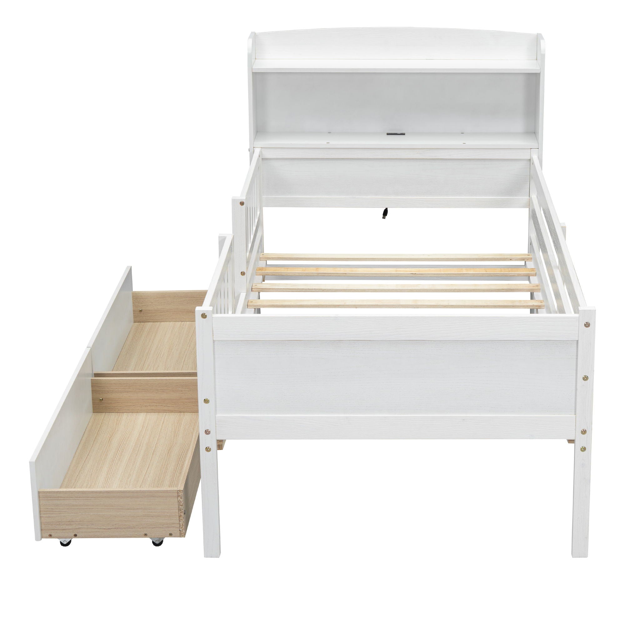 Platform Bed With LED Light, Multi Functional Headboard, Guardrail And 2 Drawers
