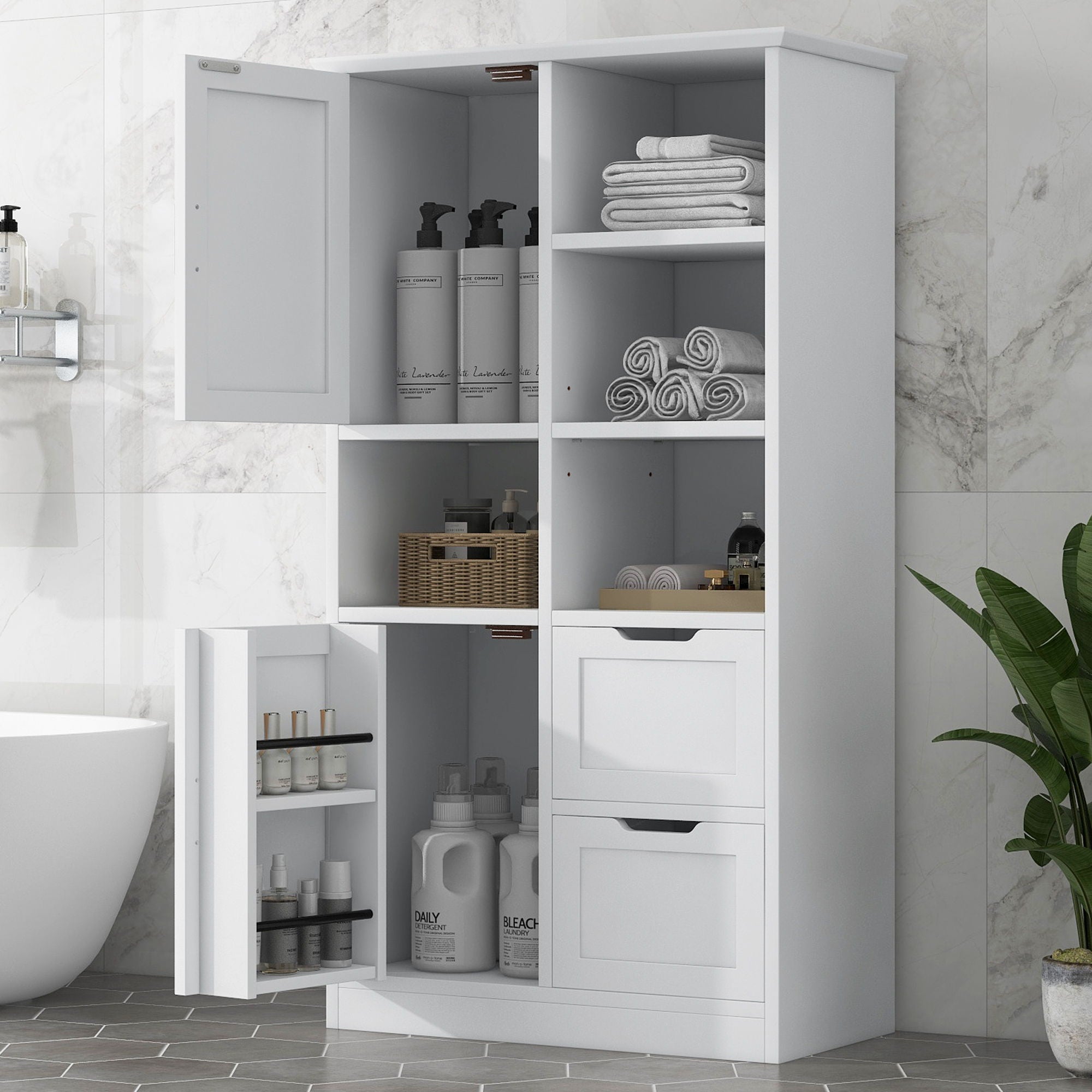 Freestanding Bathroom Storage Cabinet With Doors And Drawers, Adjustable Shelf, Open Shelves - White