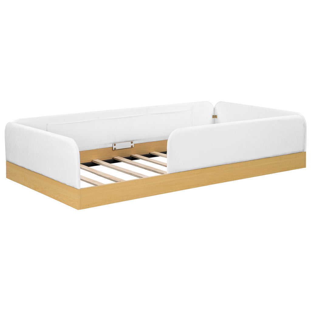 Twin Upholstered Platform Bed With Guardrail And Storage Bags - Natural