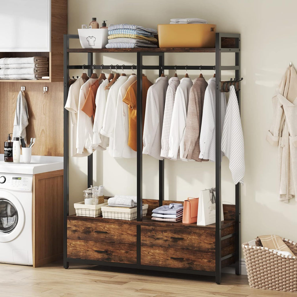 Freestanding Closet Organizer With 4 Drawers, 8 Hooks, Shelves, And Hanging Rod - Brown / Black