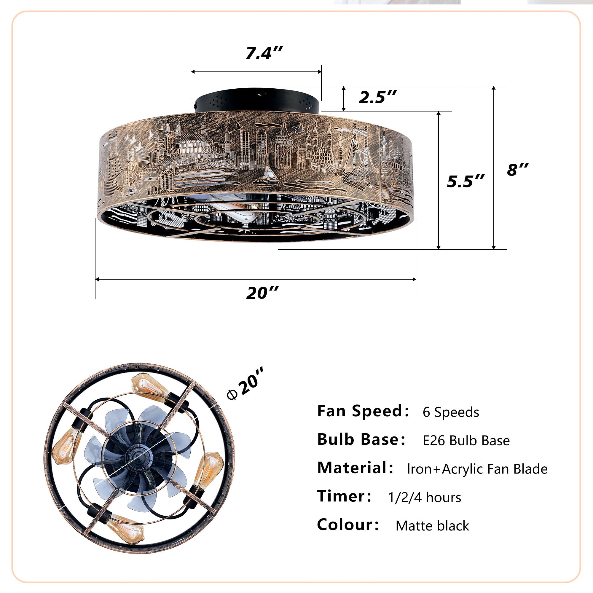 20" Iron Art Ceiling Fans With Remote, Flush Mount Ceiling Fan With 6 Speeds Reversible Motor, Not Included Bulbs - Blush / Gold / Bronze