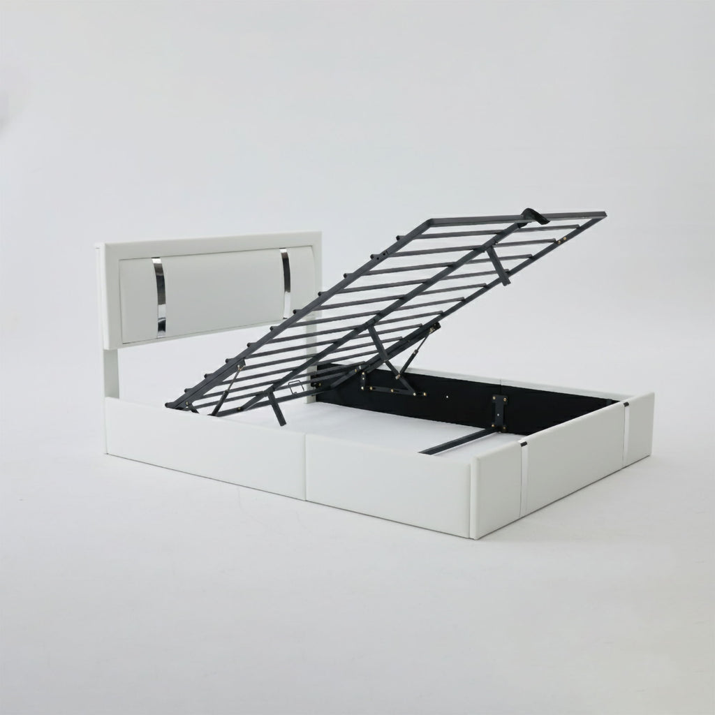 Upholstered Platform Bed Frame With Adjustable LED Headboard, USB C-Charging, Hydraulic Lift