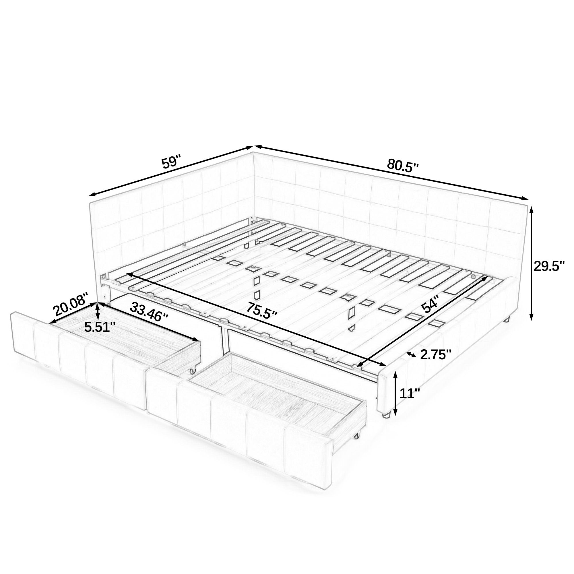 Storage Upholstered Tufted Bed Frame With Backrest And Armrests