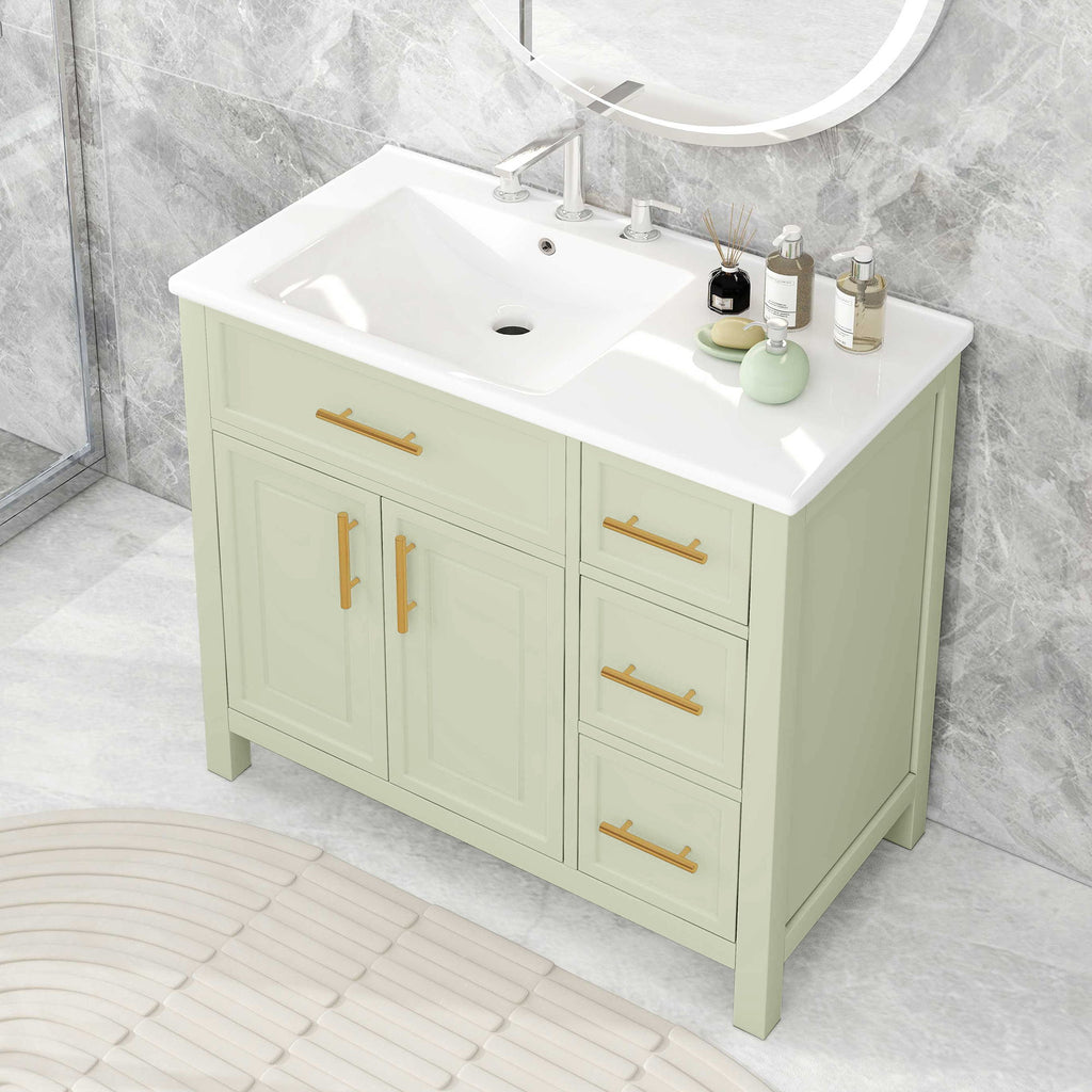 36" Bathroom Vanity With Sink, 2 Doors, 3 Drawers, Rectangular - White