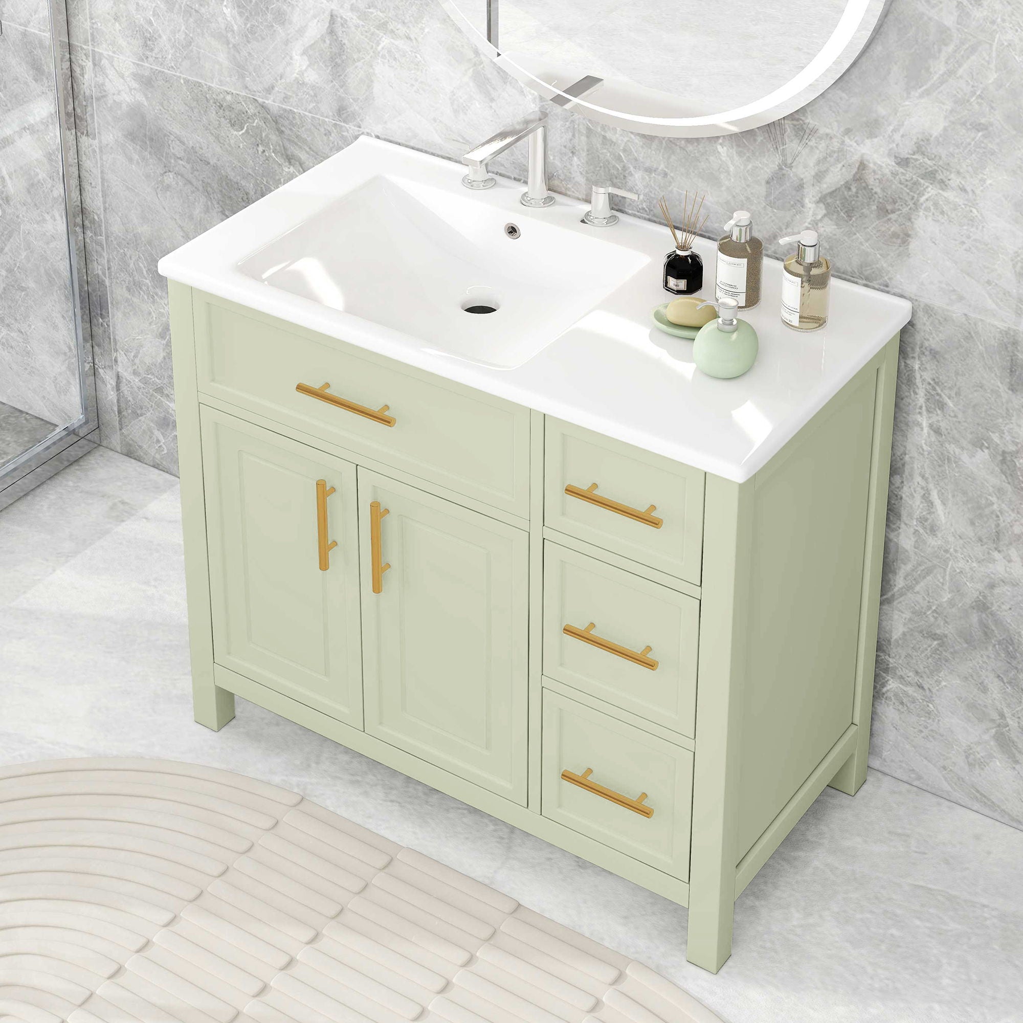 36" Bathroom Vanity With Sink, 2 Doors, 3 Drawers, Rectangular - White
