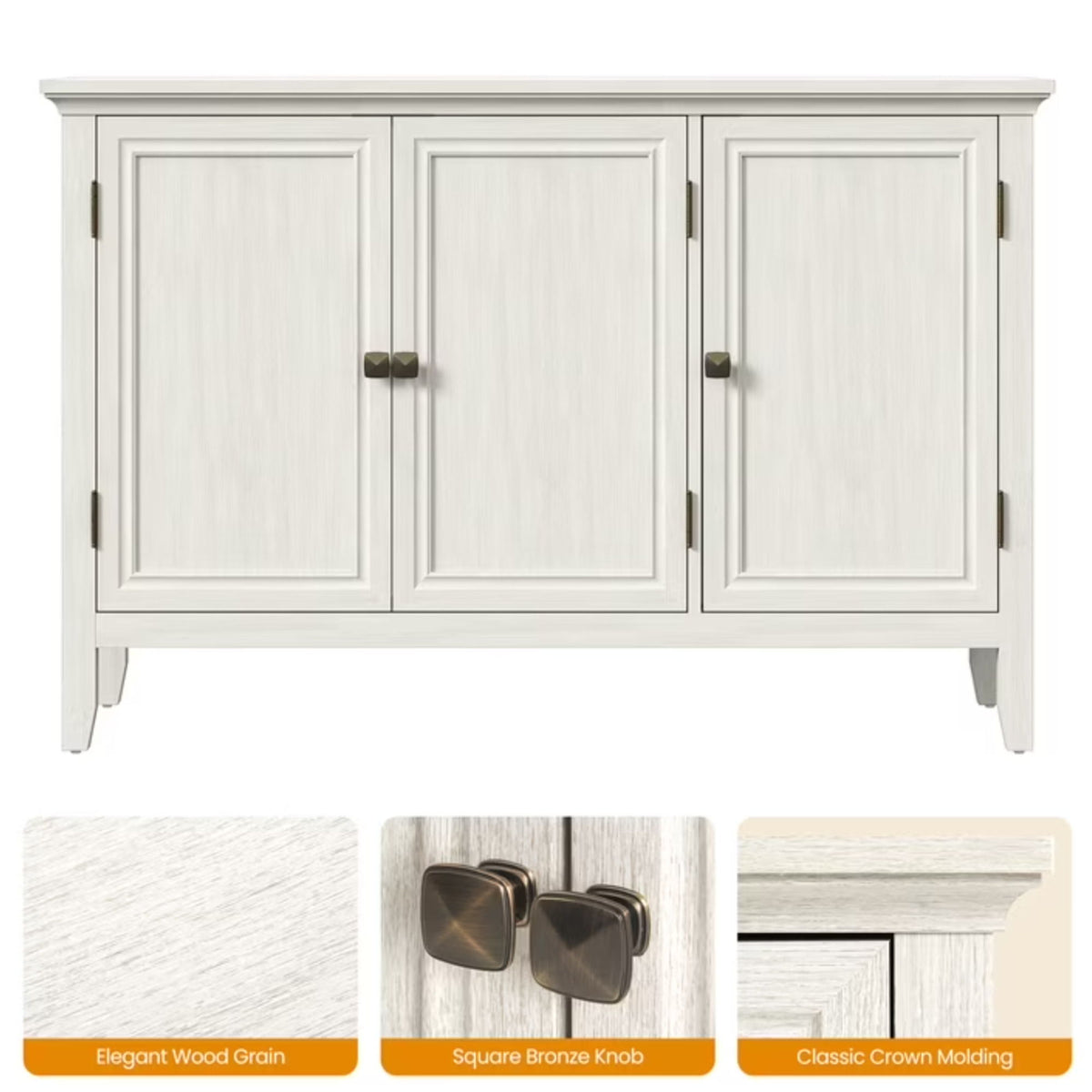 3 Door Buffet Cabinet With Adjustable Shelves - Matte White / Grayish