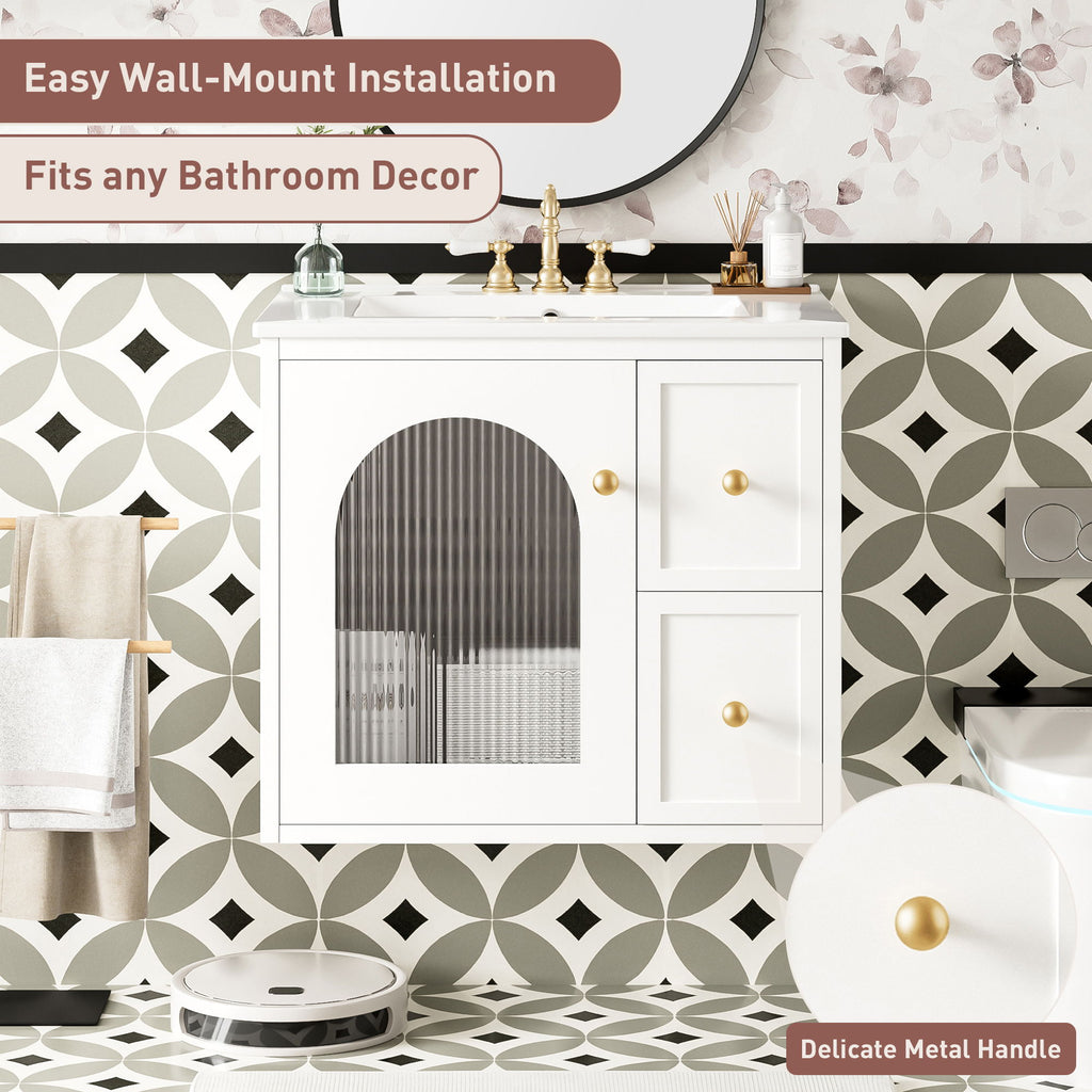 Wall-Mounted Bathroom Vanity Set With Sink, 2 Drawers And Soft-Close Door