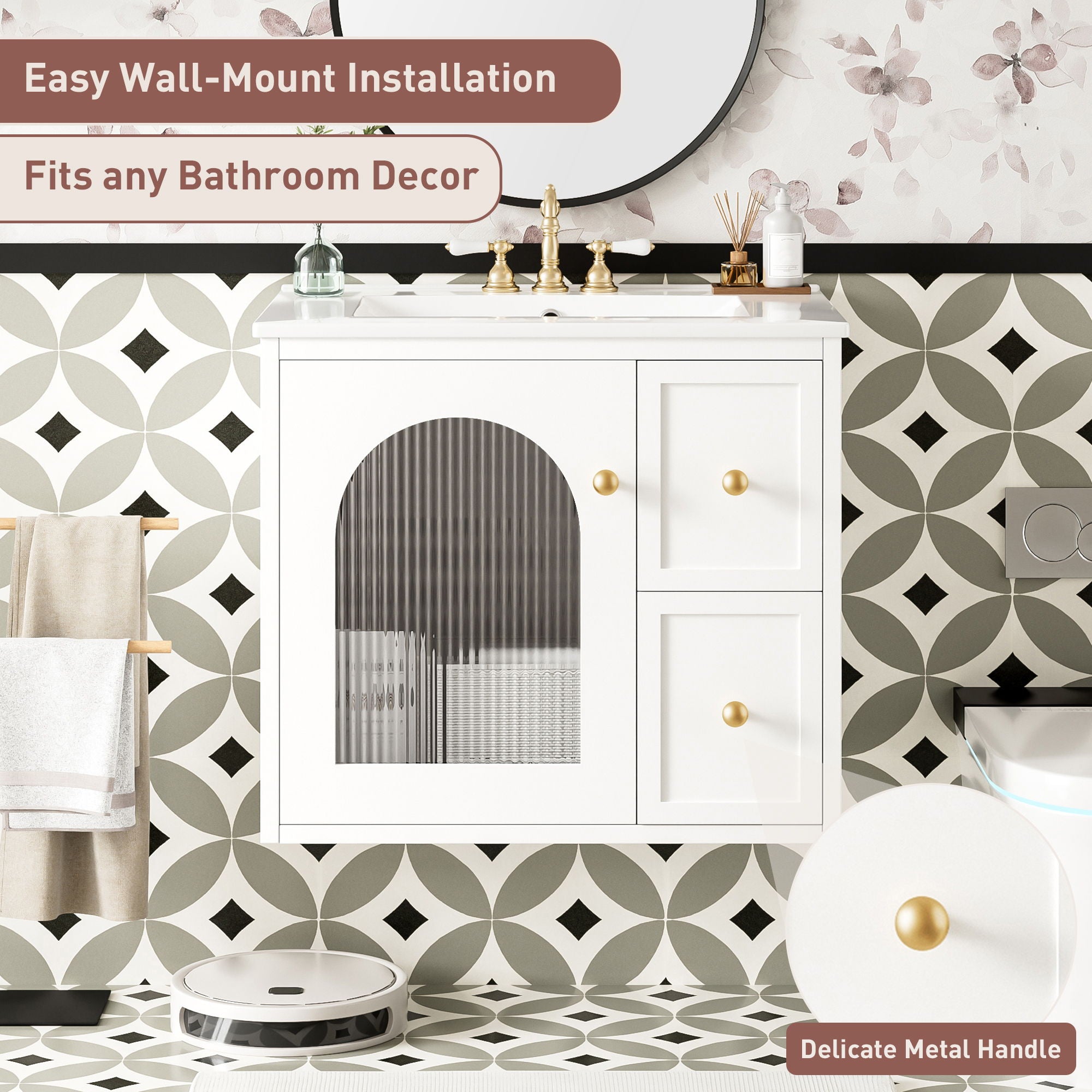 Wall-Mounted Bathroom Vanity Set With Sink, 2 Drawers And Soft-Close Door