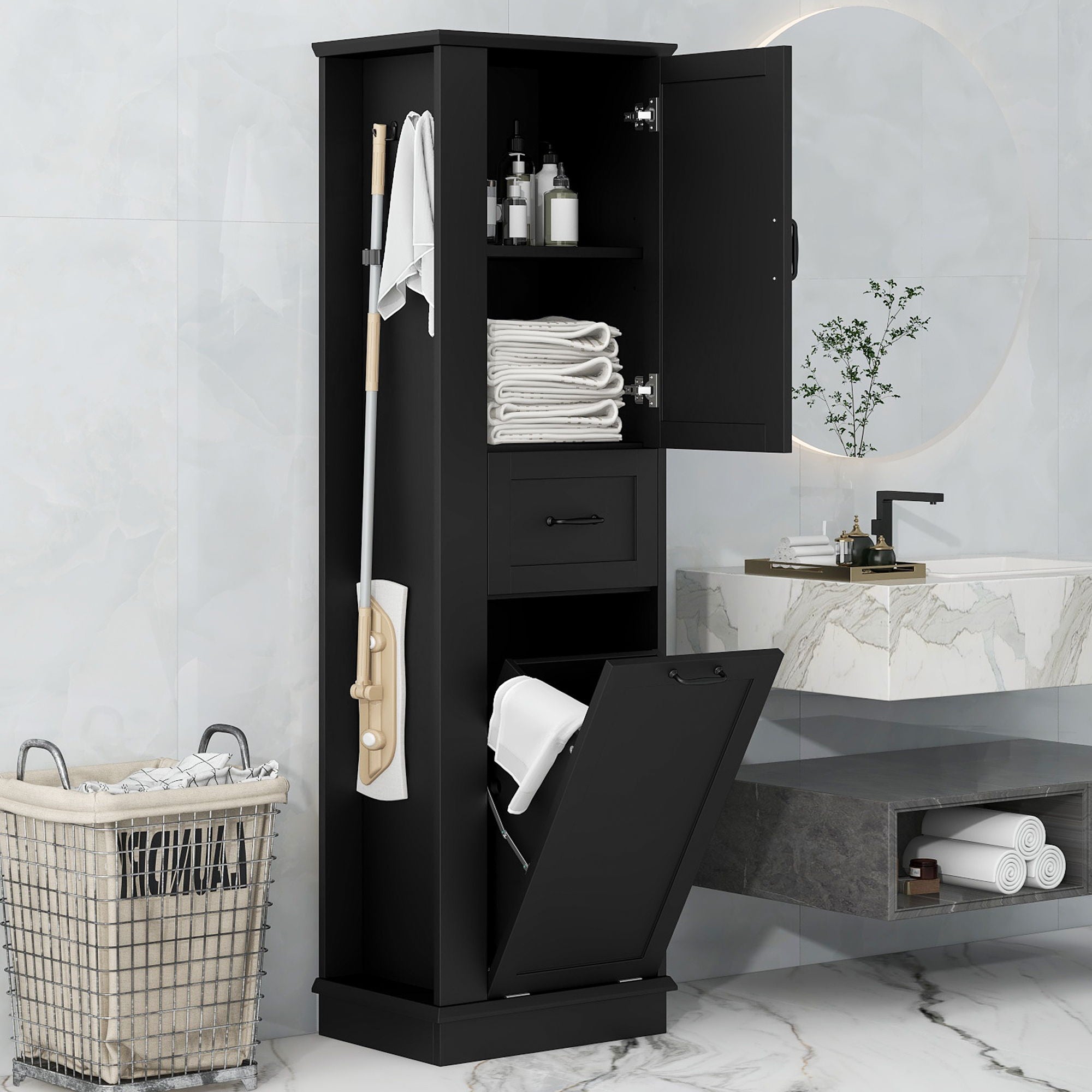 Modern Tall Storage Cabinet With Tilt-Out Compartment, Adjustable Shelves