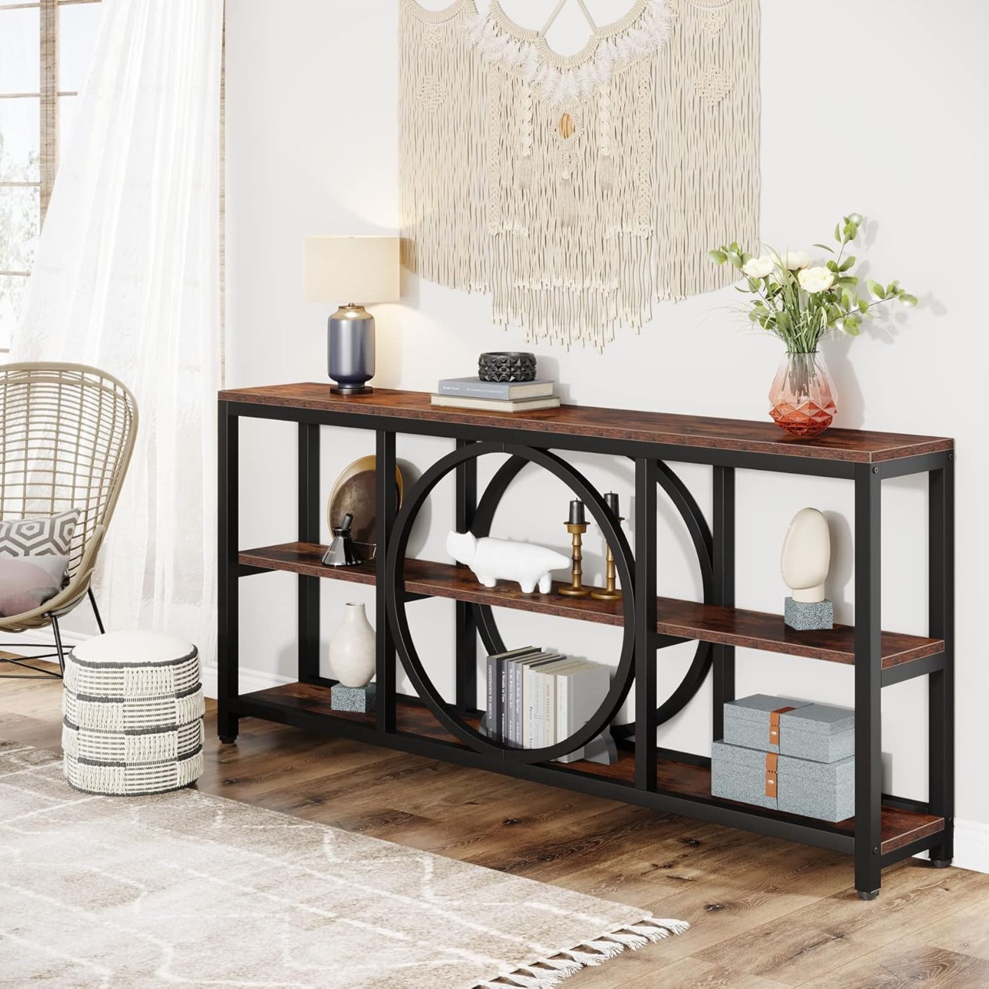 Extra Long Console Table With 3 Tier Open Shelves And Circular Frame - Brown / Black