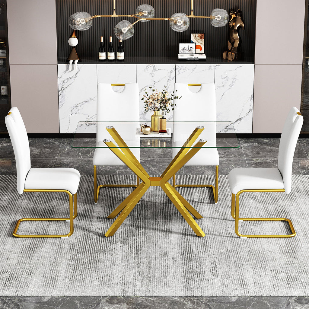 Rectangular Clear Tempered Glass Dining Table, Stylish Design With Plated Metal Legs