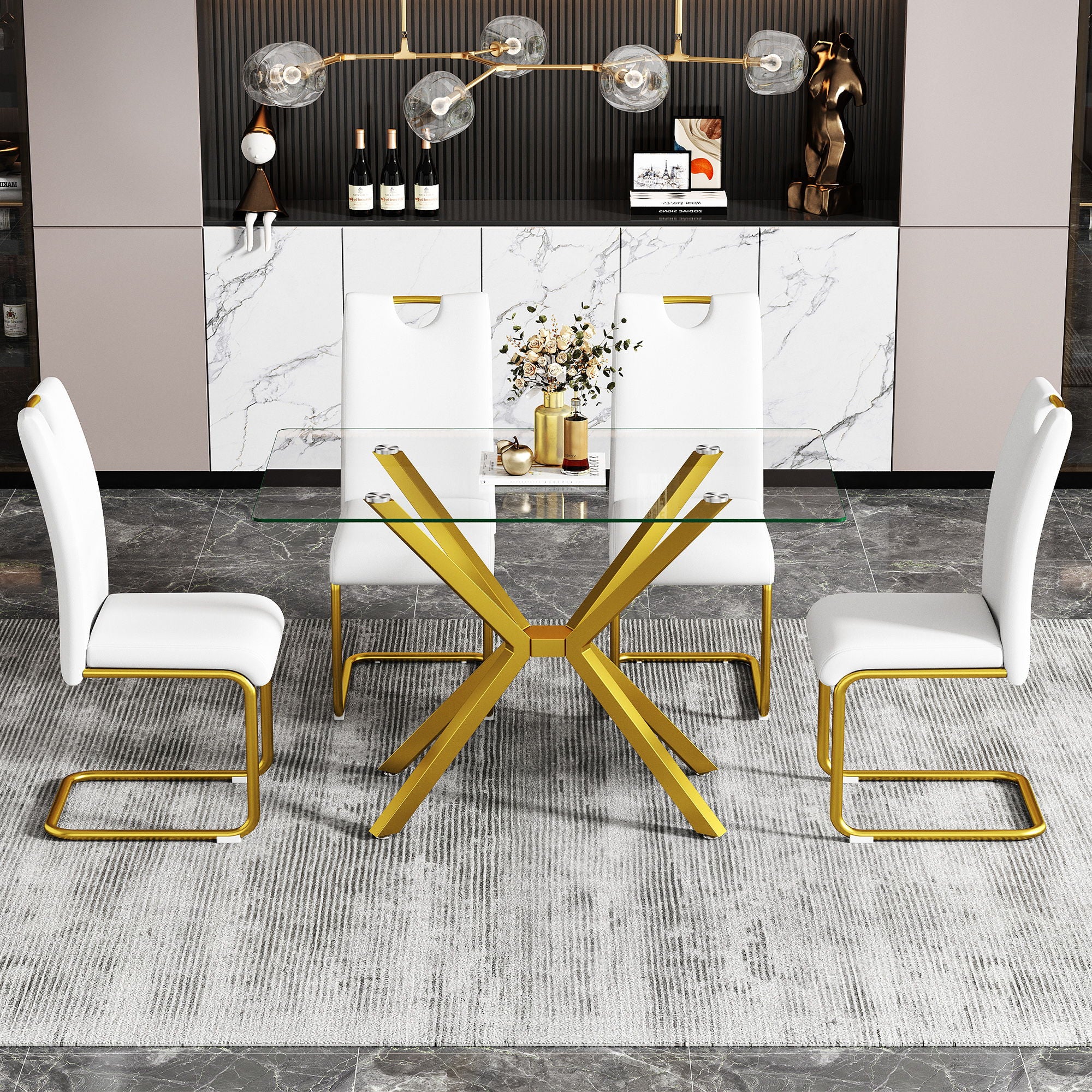 Rectangular Clear Tempered Glass Dining Table, Stylish Design With Plated Metal Legs