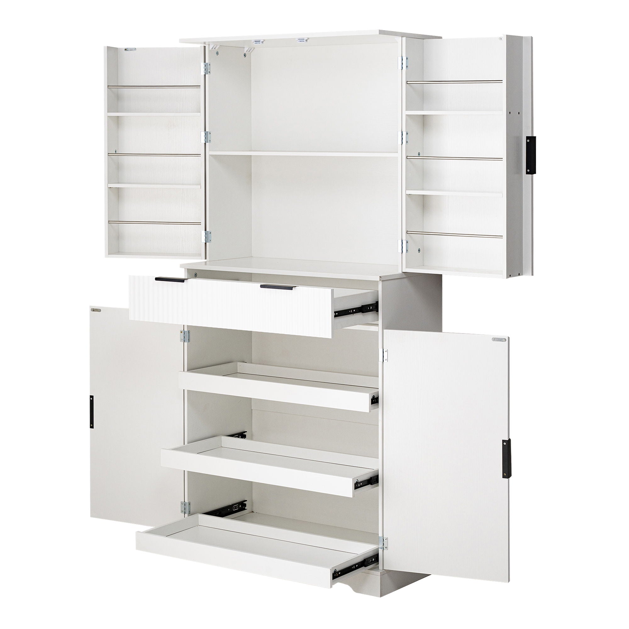 Fluted Kitchen Pantry Cabinet With 3 Keyboard Drawers & 6 Adjustable Door Shelves