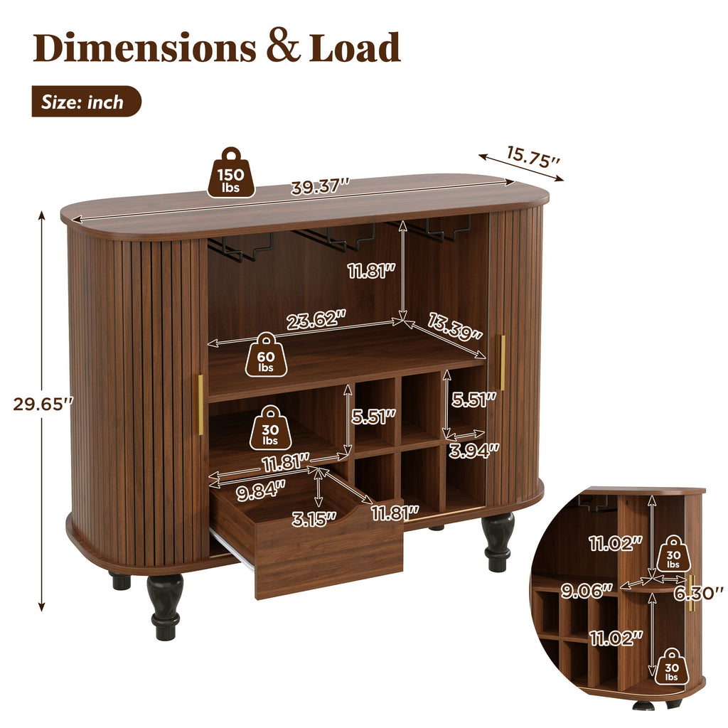 Fluted Liquor & Coffee Bar Cabinet With 6 Wine Racks And 3 Glass Holders