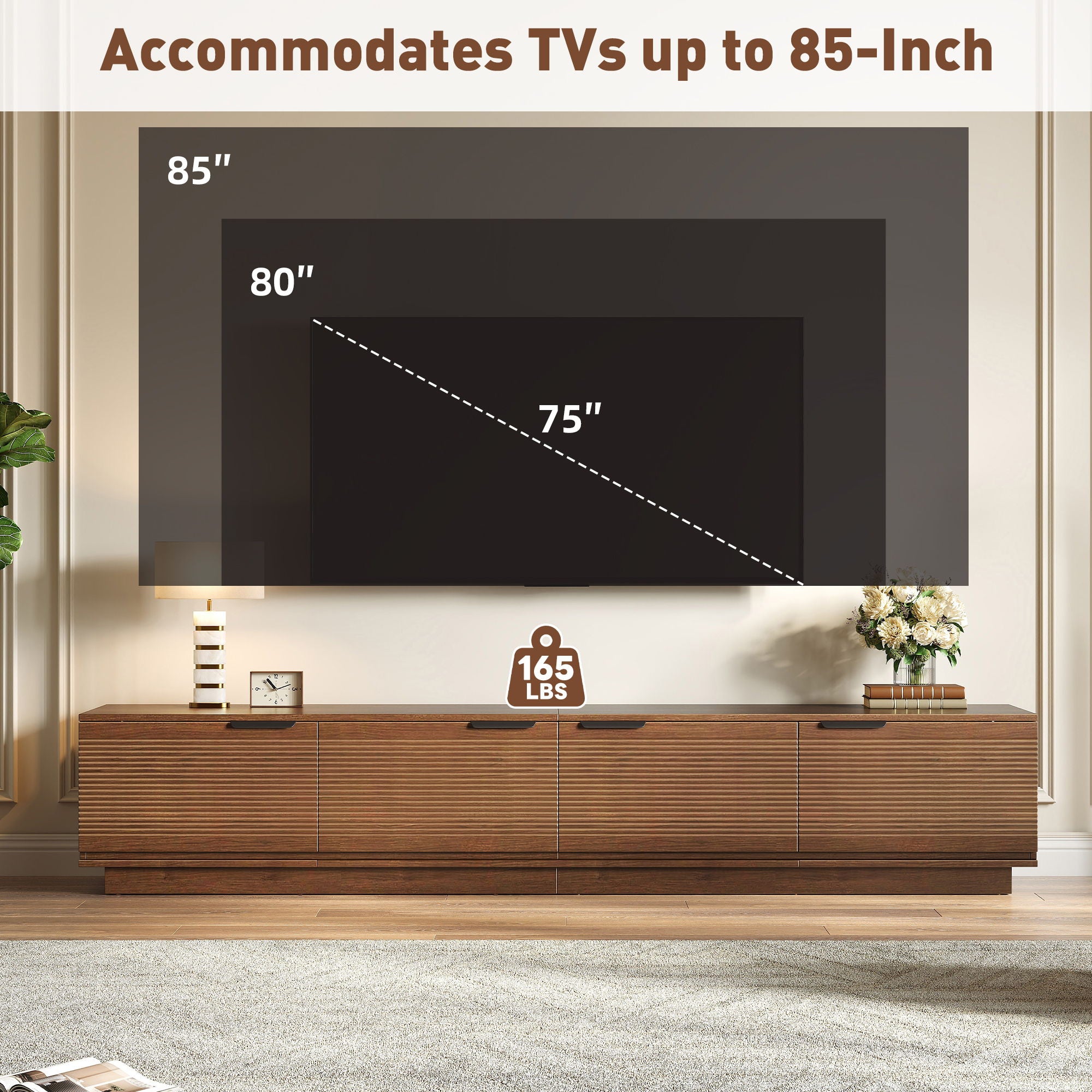 TV Stand, Entertainment Center With Fluted Door & Cable Management, Soft Closing Hinges - Walnut