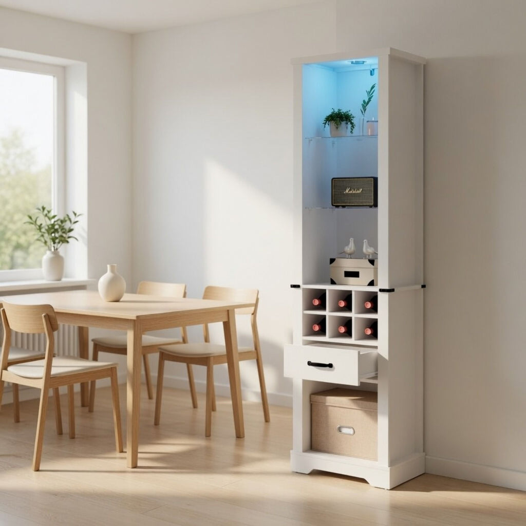 Pantry Cabinet With LED Lights, Wine Rack, Tempered Glass Shelves, And Barn Door Design - White