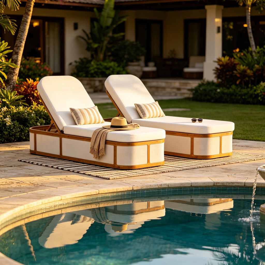 Chaise Lounge Set With 2 Fold Cushion, 3 Position Backrest - Beige / Cream / Teak
