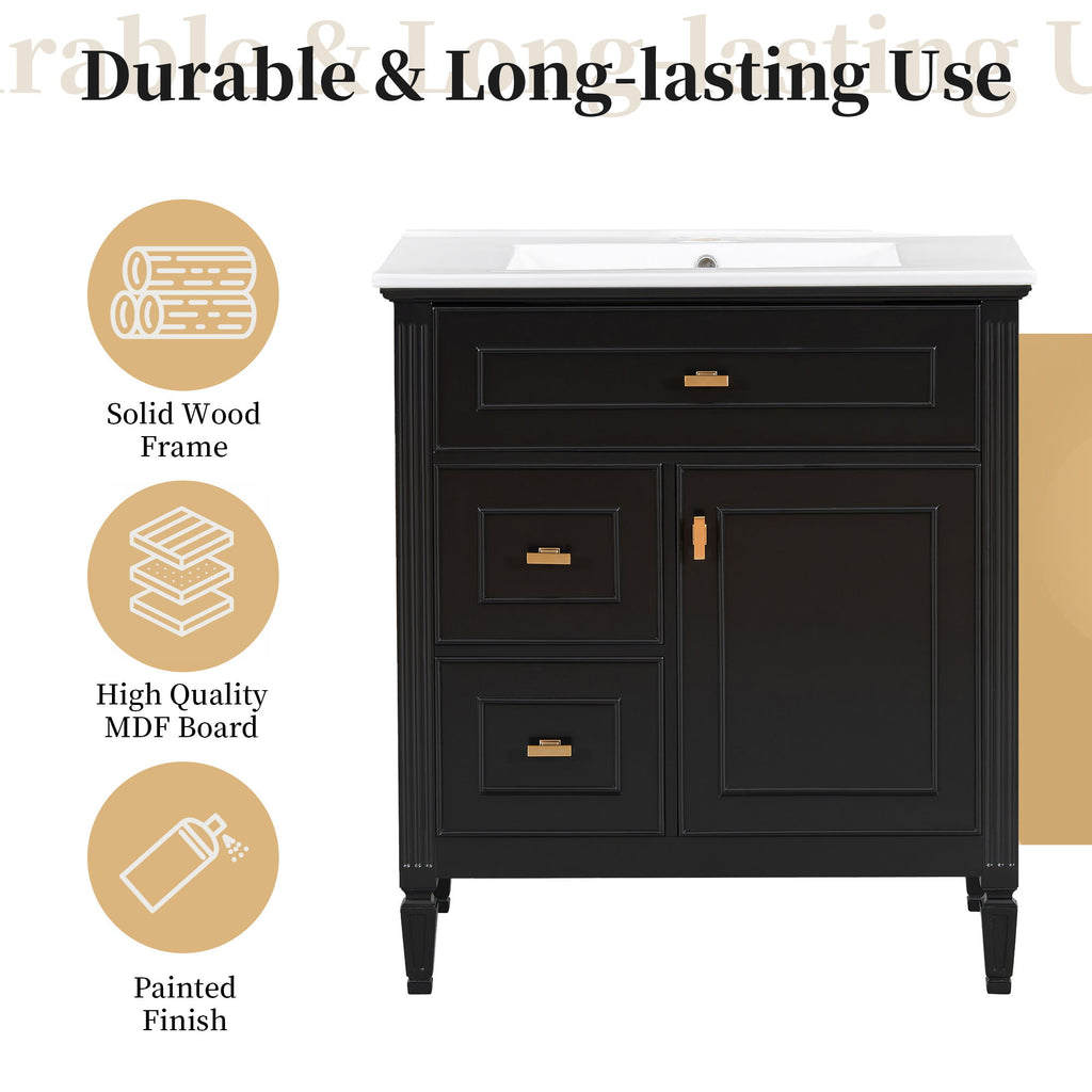 Modern Bathroom Vanity With Sink, 1 Flip Drawer And 2 Drawers, Adjustable Shelf