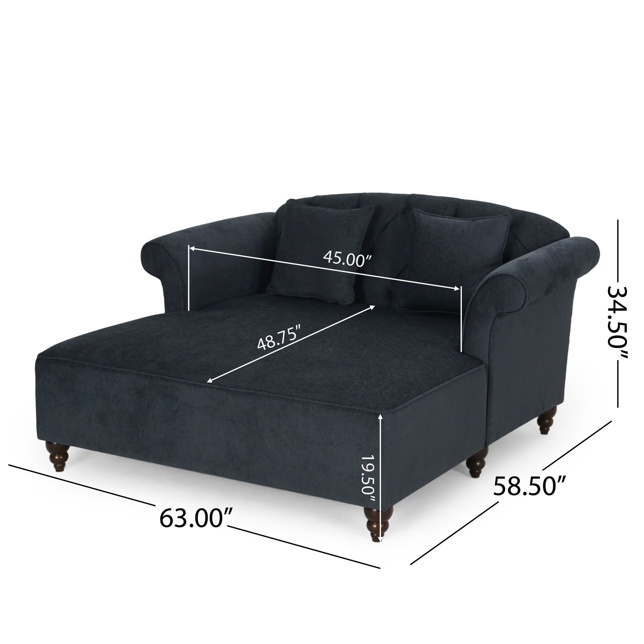 Upholstered Chaise Lounge With Scroll Arms, Turned Legs And 2 Pillows - Charcoal