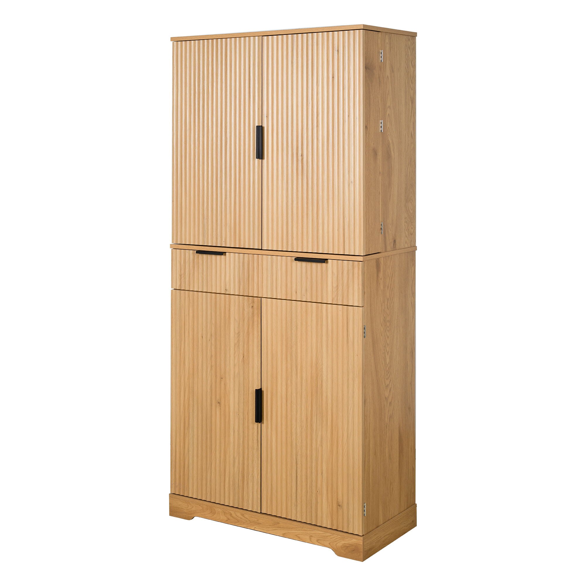 Fluted Kitchen Pantry Cabinet With 3 Keyboard Drawers & 6 Door Shelves Adjustable