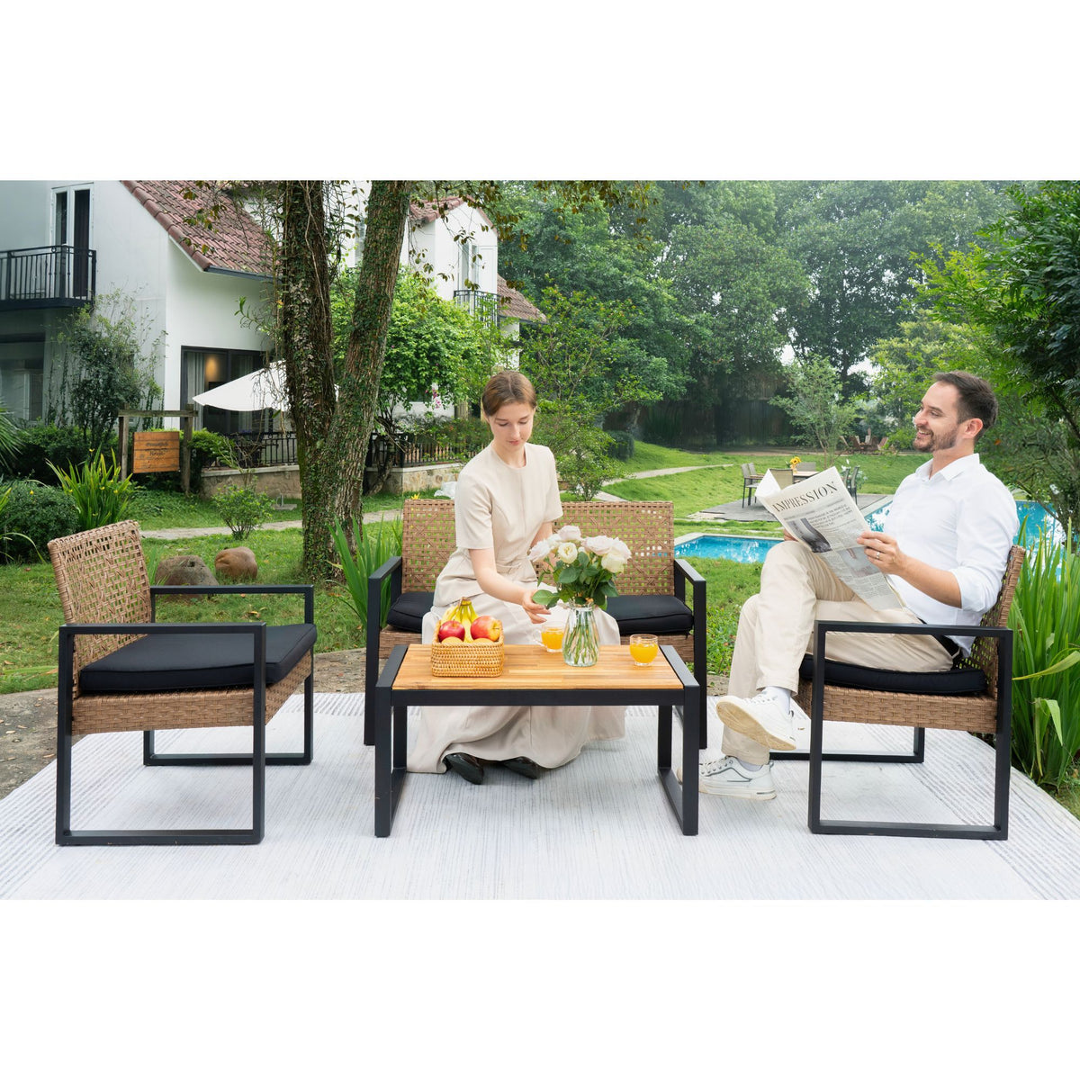 4 Piece Patio Furniture Set With Acacia Wood Table Top And Cushions