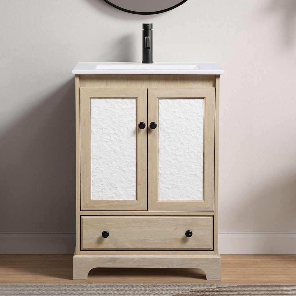 Bathroom Vanity Base, Cabinet With Carved Floral Doors - Natural Wood