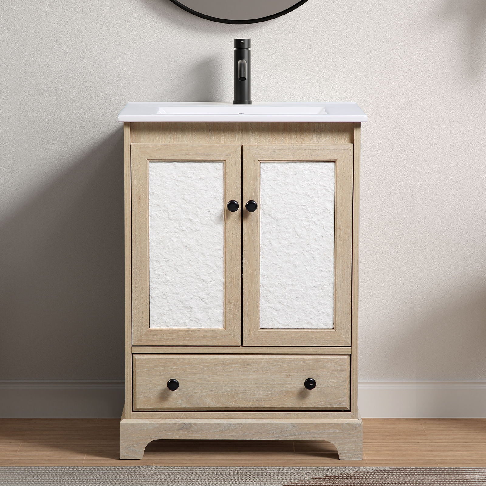 Bathroom Vanity Base, Cabinet With Carved Floral Doors - Natural Wood