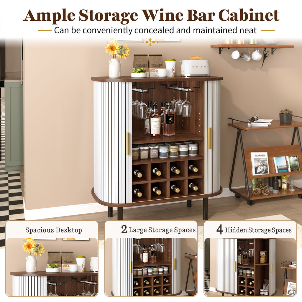 Fluted Wine Bar Cabinet With 8 Grid Wine Rack, 5 Level Adjustable Shelves, 2 Glass Holders