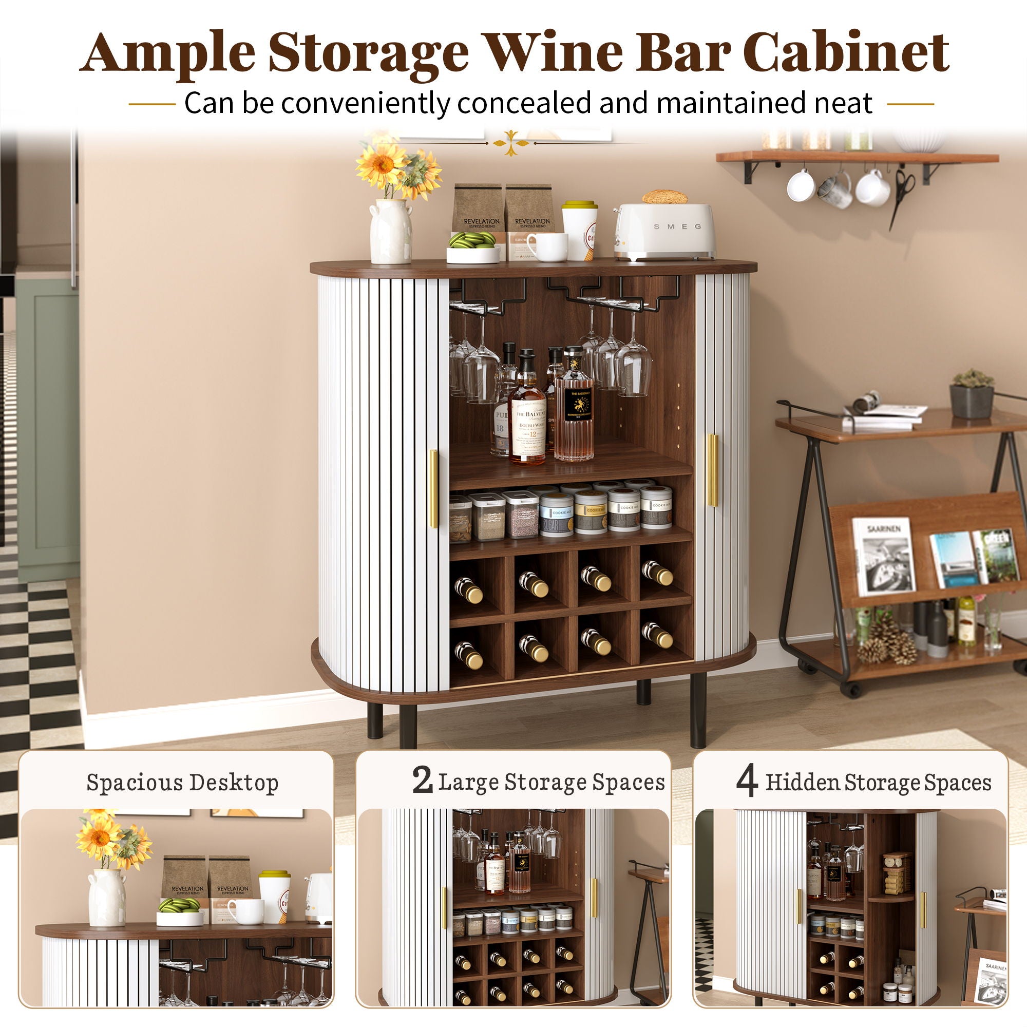 Fluted Wine Bar Cabinet With 8 Grid Wine Rack, 5 Level Adjustable Shelves, 2 Glass Holders