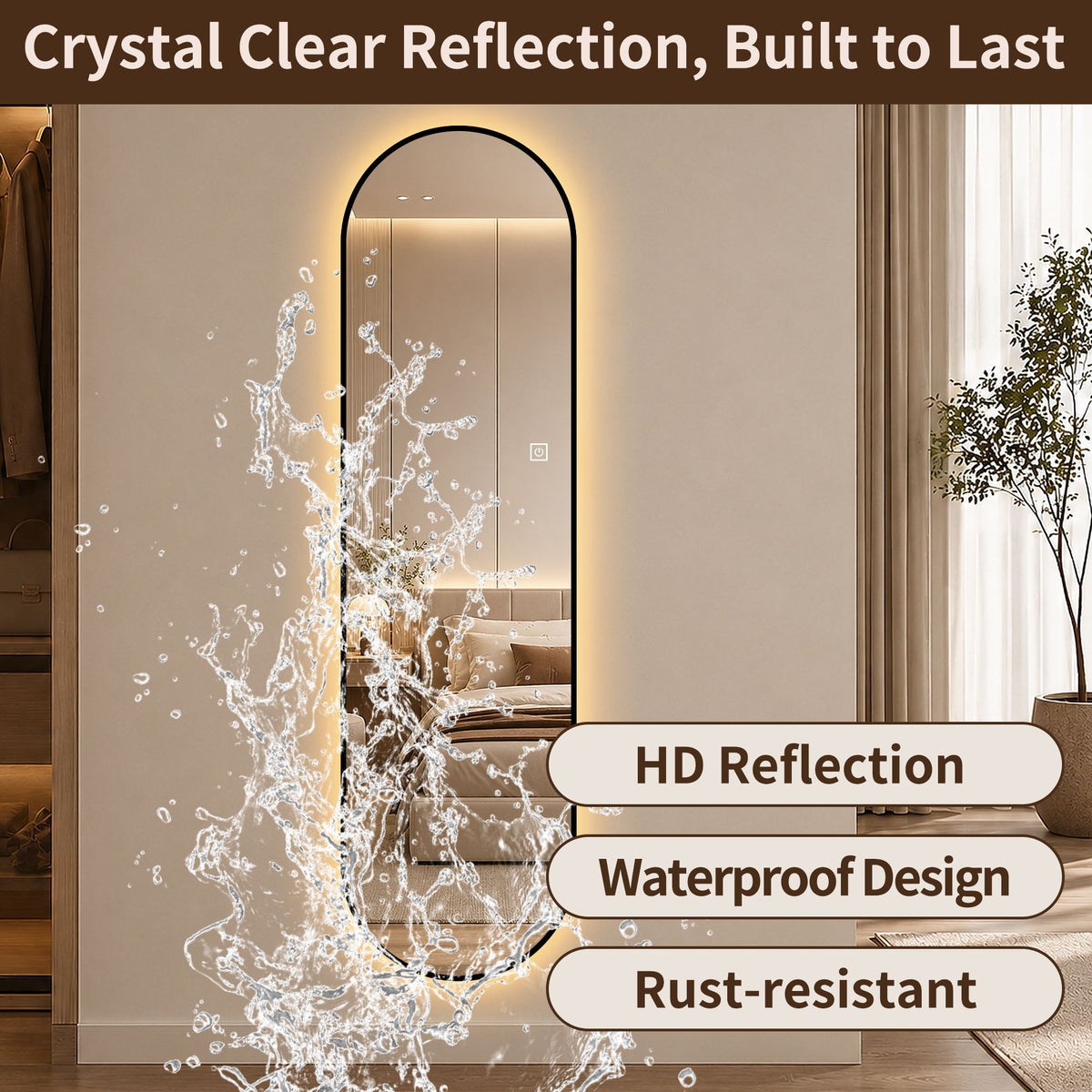 Capsule Shaped Dimmable LED Full Length Wall Mirror With Frame - Silver