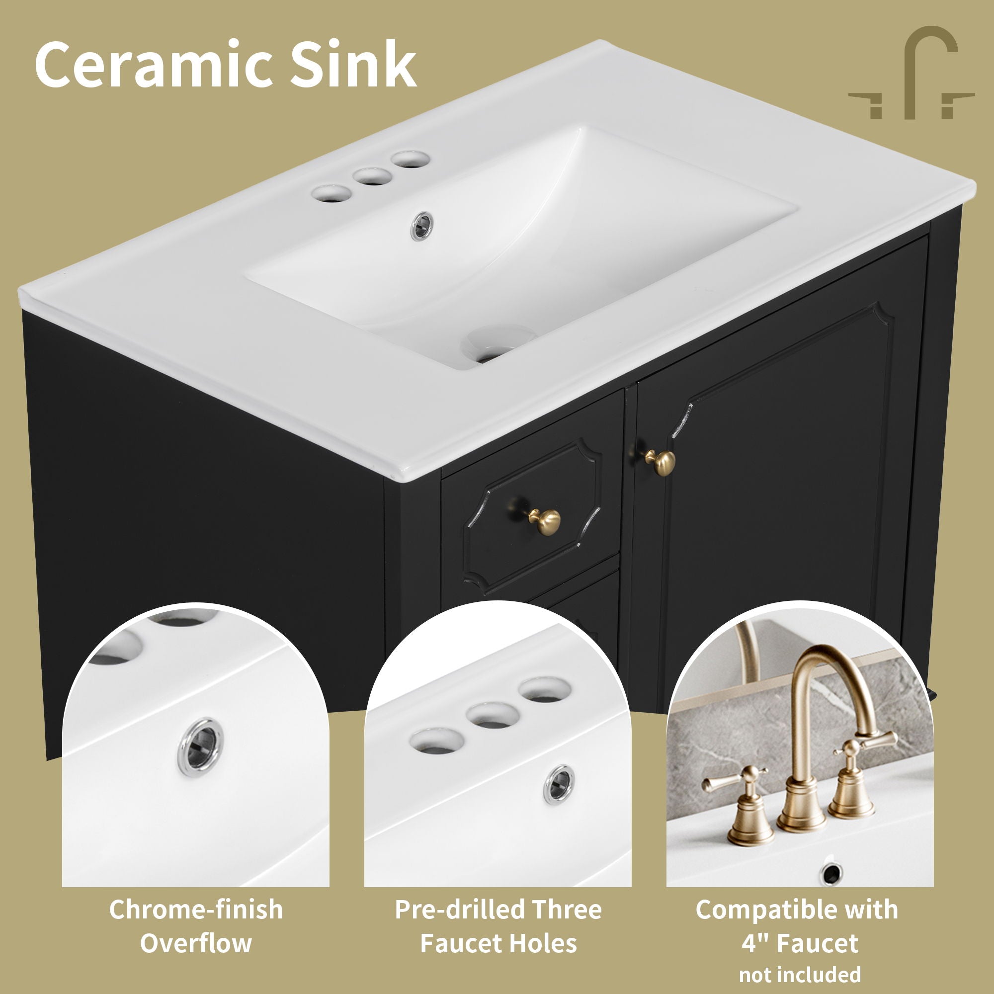 Bathroom Vanity With Sink, Freestanding Vanity Cabinet With Ceramic Basin, Soft Close Door, 3 Drawers